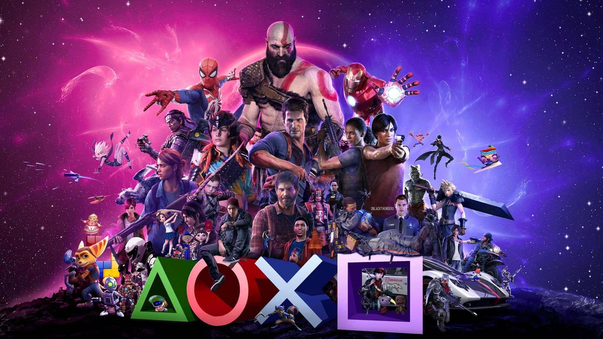 Ps5 Games 桌布 壁紙 — 一個充滿活力的宇宙拼貼，以星空的紫色和粉紅色星雲為背景，匯集了標誌性的PlayStation遊戲角色。