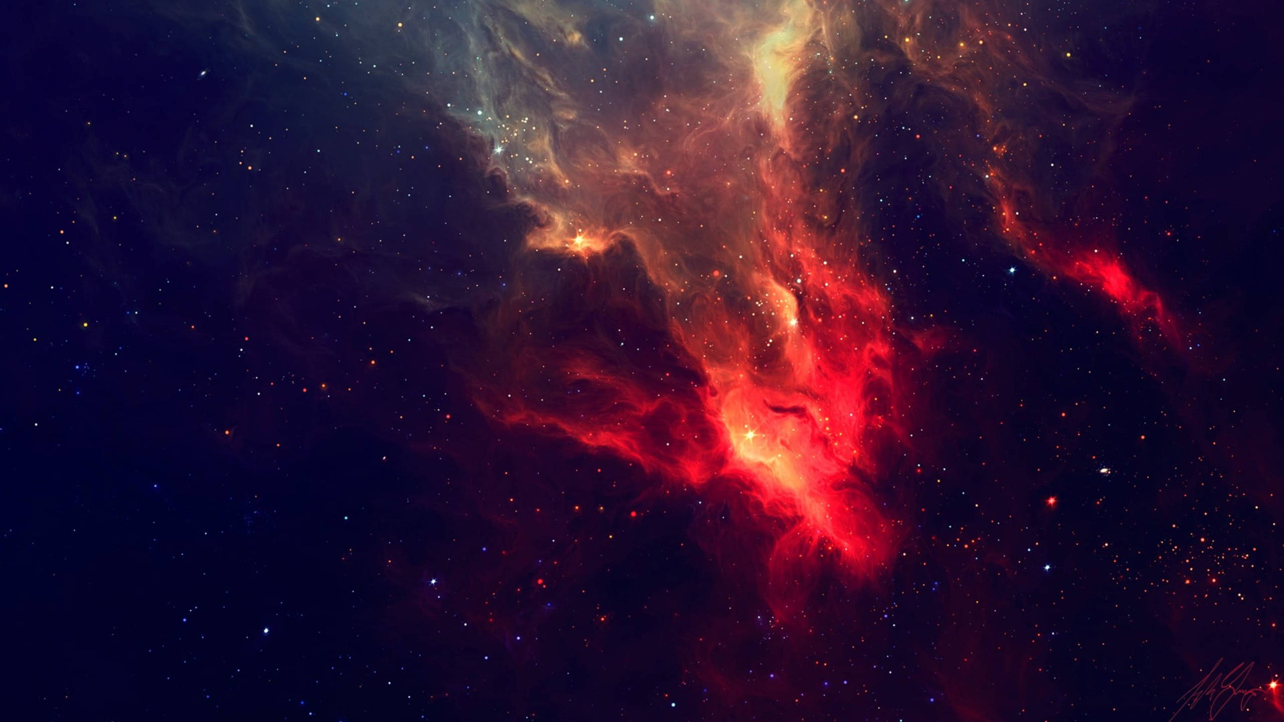太空 桌布 壁紙 — 一個充滿活力的宇宙星雲，在佈滿星辰的黑暗虛空中，以火紅和橙色旋轉。