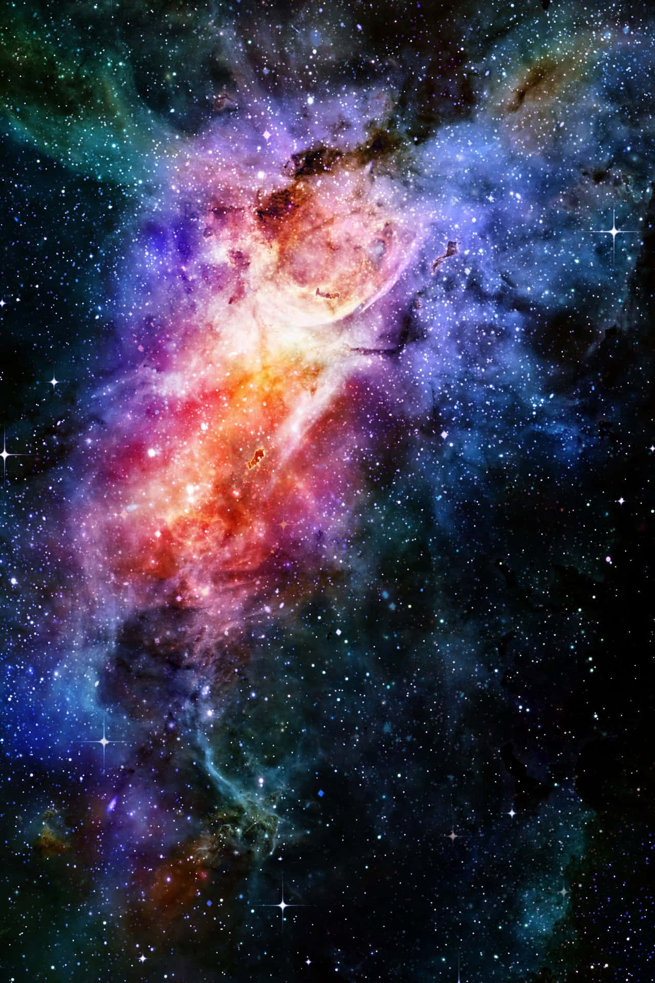 主螢幕 桌布 壁紙 — 一個充滿活力的宇宙星雲，在佈滿星辰的黑色虛空中，以火紅和電光藍色旋轉。