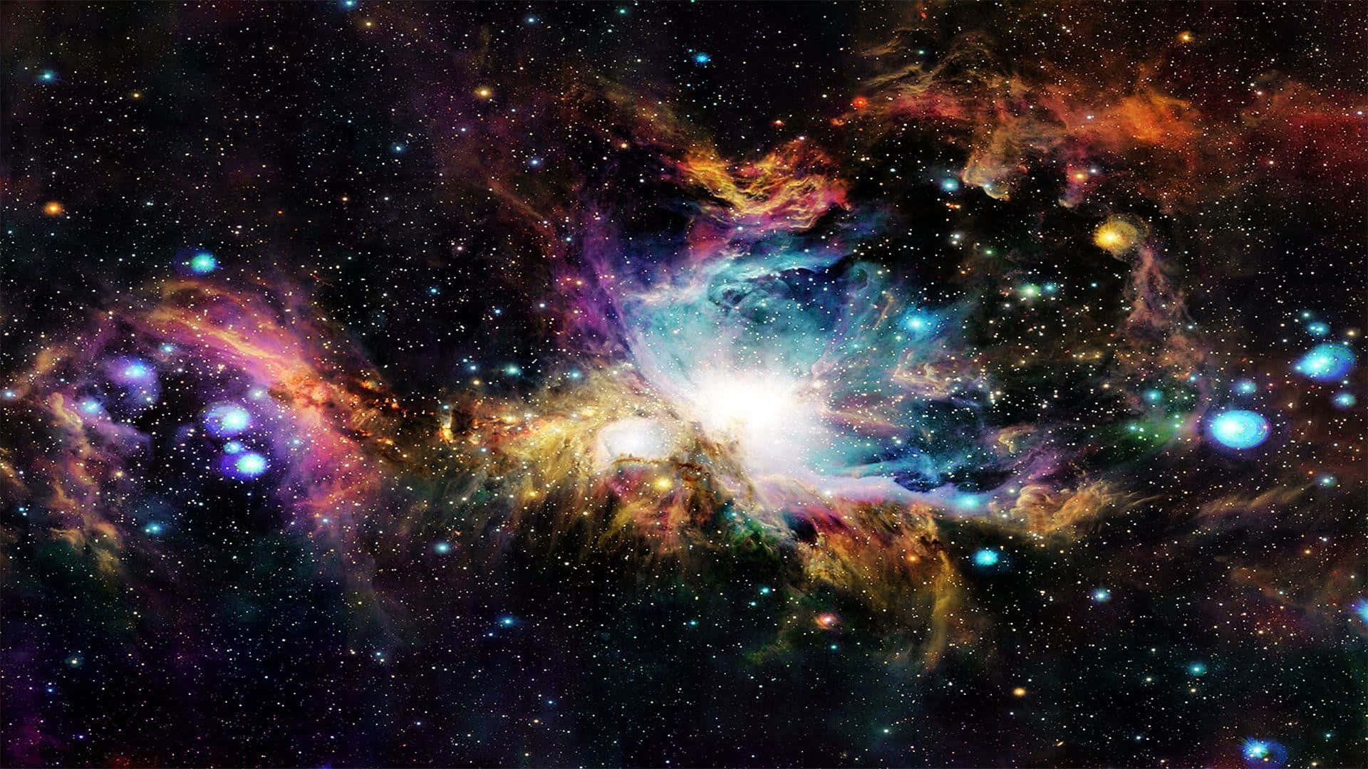 星雲 桌布 壁紙 — 一個充滿活力的宇宙星雲，在星空中爆發出紫色、橙色和藍色的漩渦雲層。