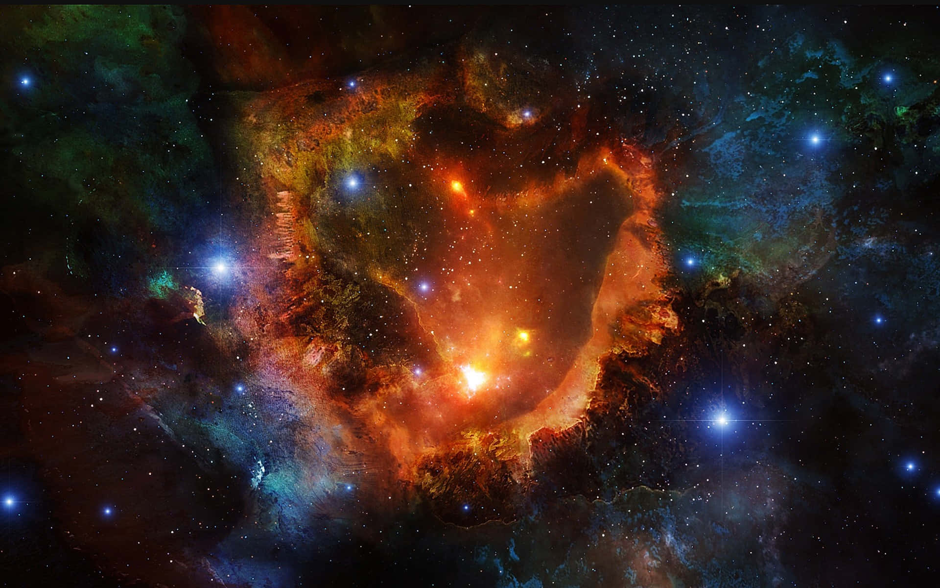 Cosmic Rays 桌布 壁紙 — 一個充滿活力的宇宙星雲，在星空背景下散發著火熱的橙色和藍綠色雲彩。