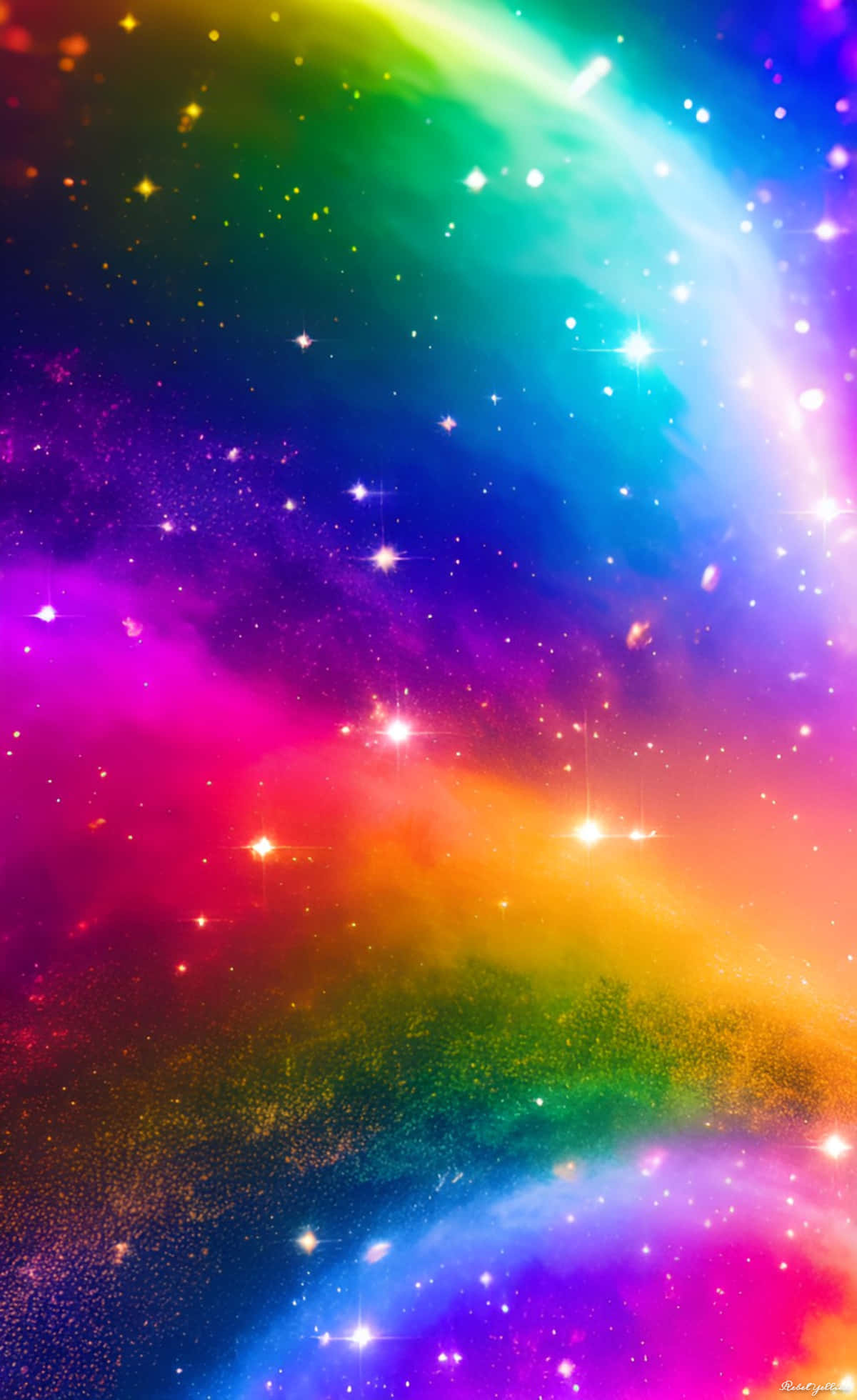 Galaxy Artwork 桌布 壁紙 — 一個充滿活力的宇宙星雲，在深邃的太空背景下，旋轉著彩虹色調和閃爍的星星。