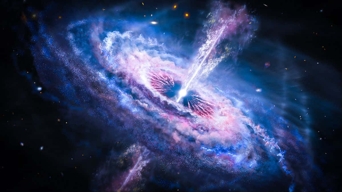 Quasar 桌布 壁紙 — 一個充滿活力的宇宙星雲，在繁星點點的黑色虛空中，旋轉著電光藍、粉紅和白色。