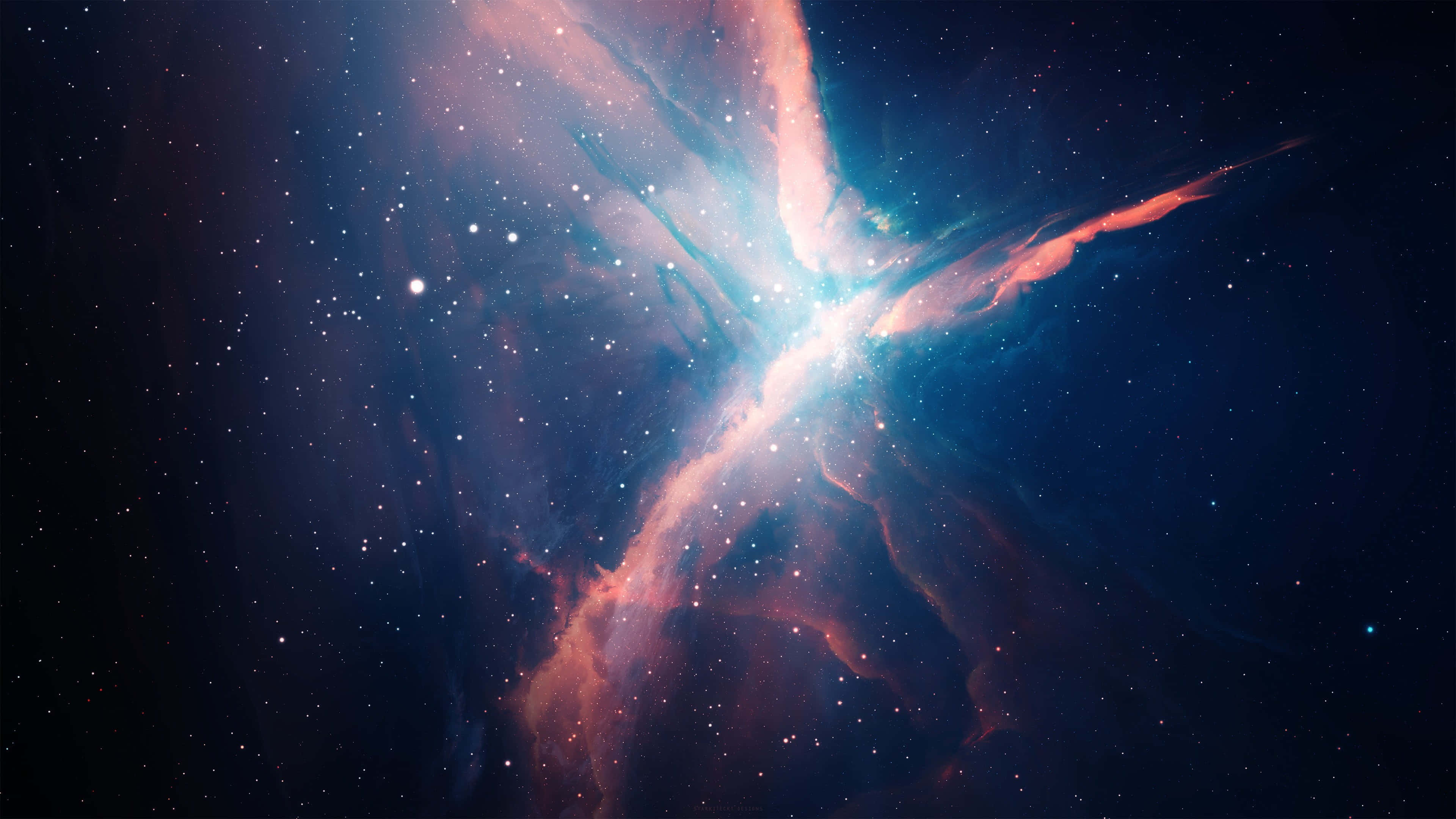 Galaxy Themed Paintings 桌布 壁紙 — 一個充滿活力的宇宙星雲，帶有旋轉的粉紅色和藍色雲彩，在繁星點點的黑暗太空中散發出燦爛的光芒。