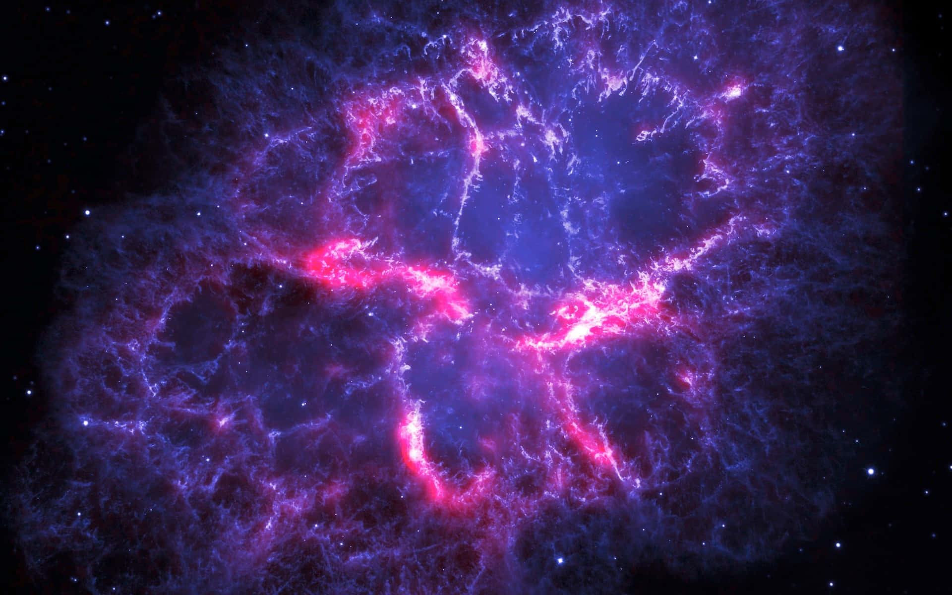 星雲 桌布 壁紙 — 一個充滿活力的宇宙星雲，帶有電光粉紅和深藍色的絲狀物，在佈滿星星的黑色虛空中發光。