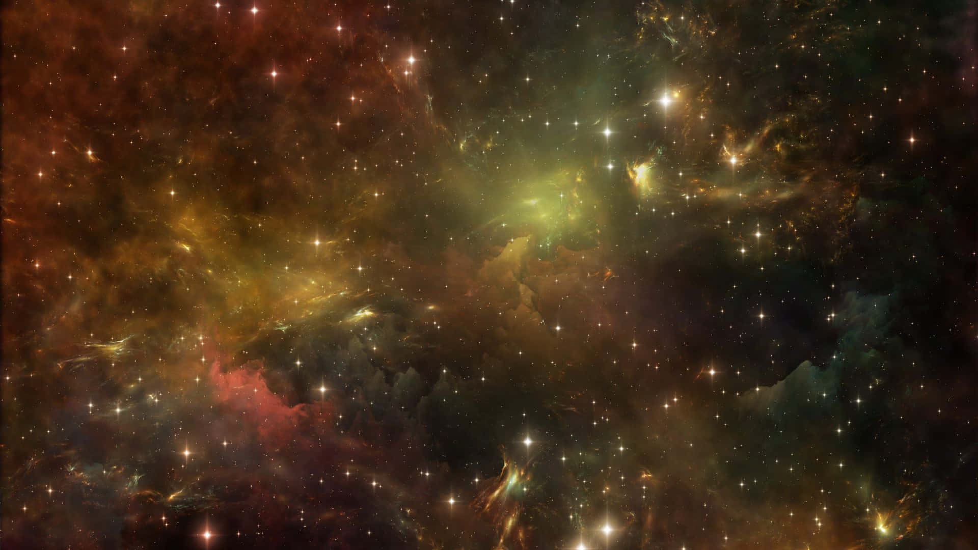 dark matter 桌布 壁紙 — 一個充滿活力的宇宙星雲，由無數閃爍的星星照亮，旋轉著發光的綠色、橙色和紅色氣體。