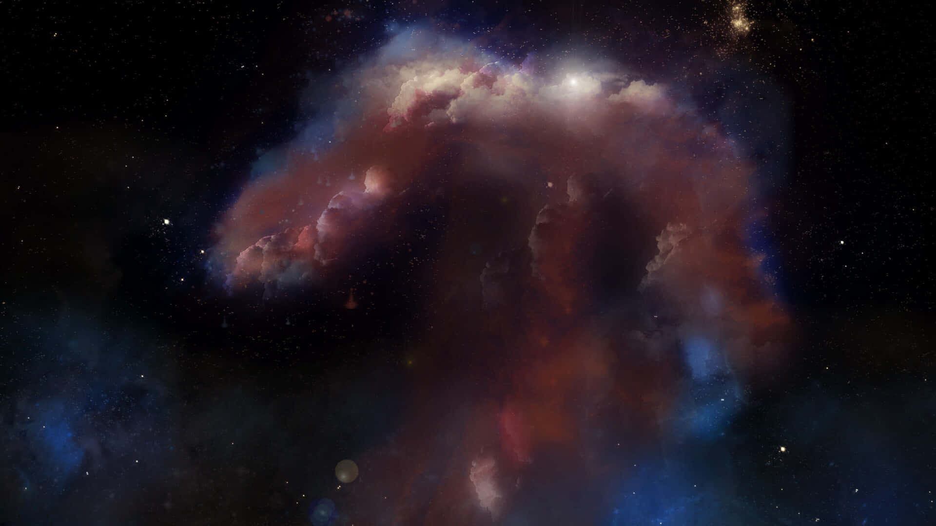 Horsehead Nebula 桌布 壁紙 — 一個充滿活力的宇宙星雲在深空中旋轉，散發著發光的紅色、藍色和紫色，映襯著星場。