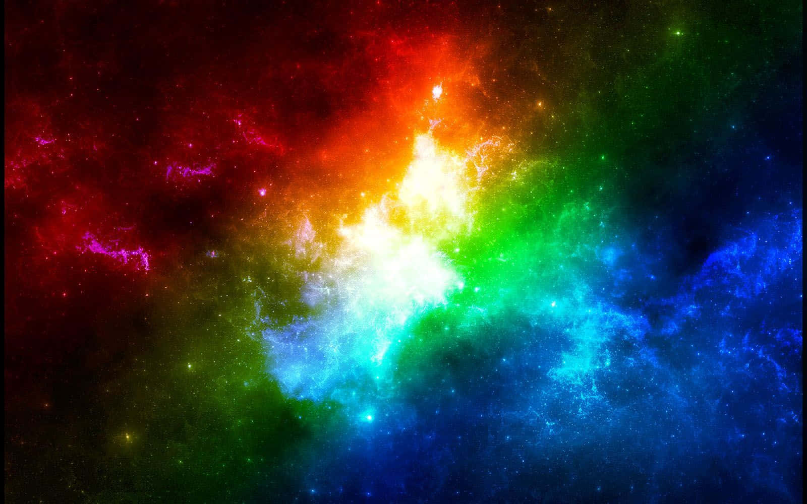 Colorful Space 桌布 壁紙 — 一個充滿活力的宇宙星雲在繁星點點的虛空中爆發，呈現紅、橙、黃、綠、藍、紫的彩虹色調。