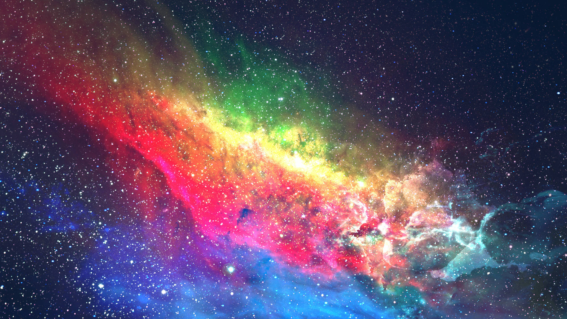 銀河 桌布 壁紙 — 一個充滿活力的宇宙星雲橫跨佈滿星星的夜空，呈現出旋轉的紅色、綠色、藍色和黃色。