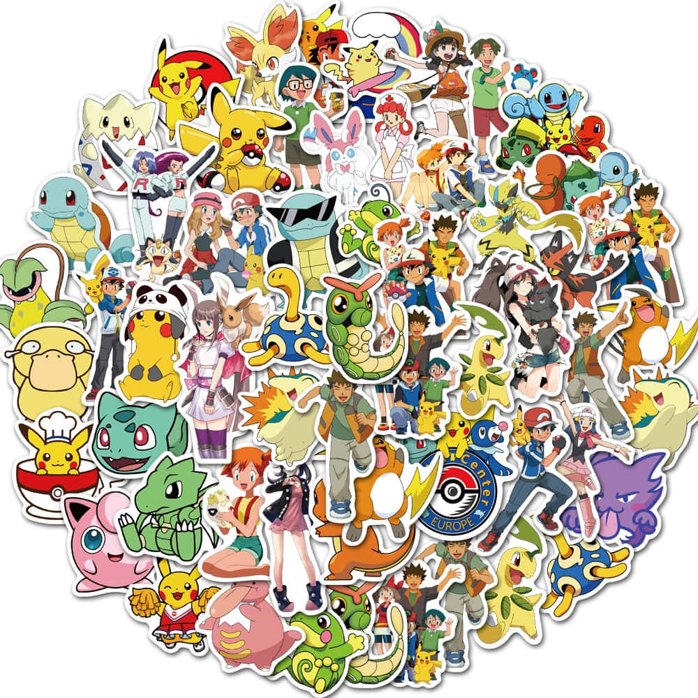 Pokemon Stickers 桌布 壁紙 — 一個充滿活力的寵物小精靈貼紙系列， featuring 標誌性角色如比卡超和訓練員以動態姿勢呈現。