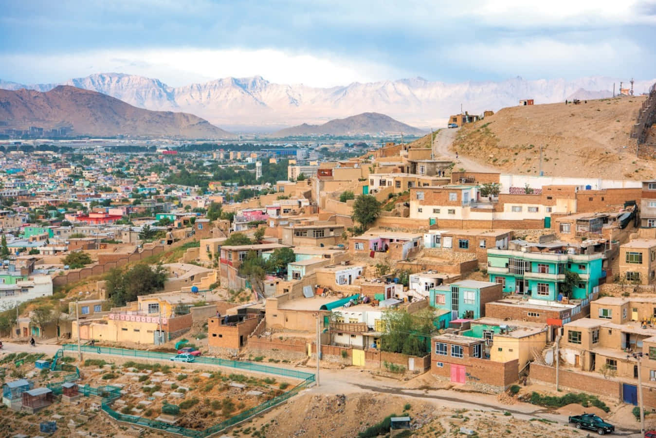 Afghanistan 桌布 壁紙 — 一個充滿活力的山坡村莊，擁有陶土色房屋和色彩繽紛的點綴，背靠積雪覆蓋的山脈，天空部分多雲。