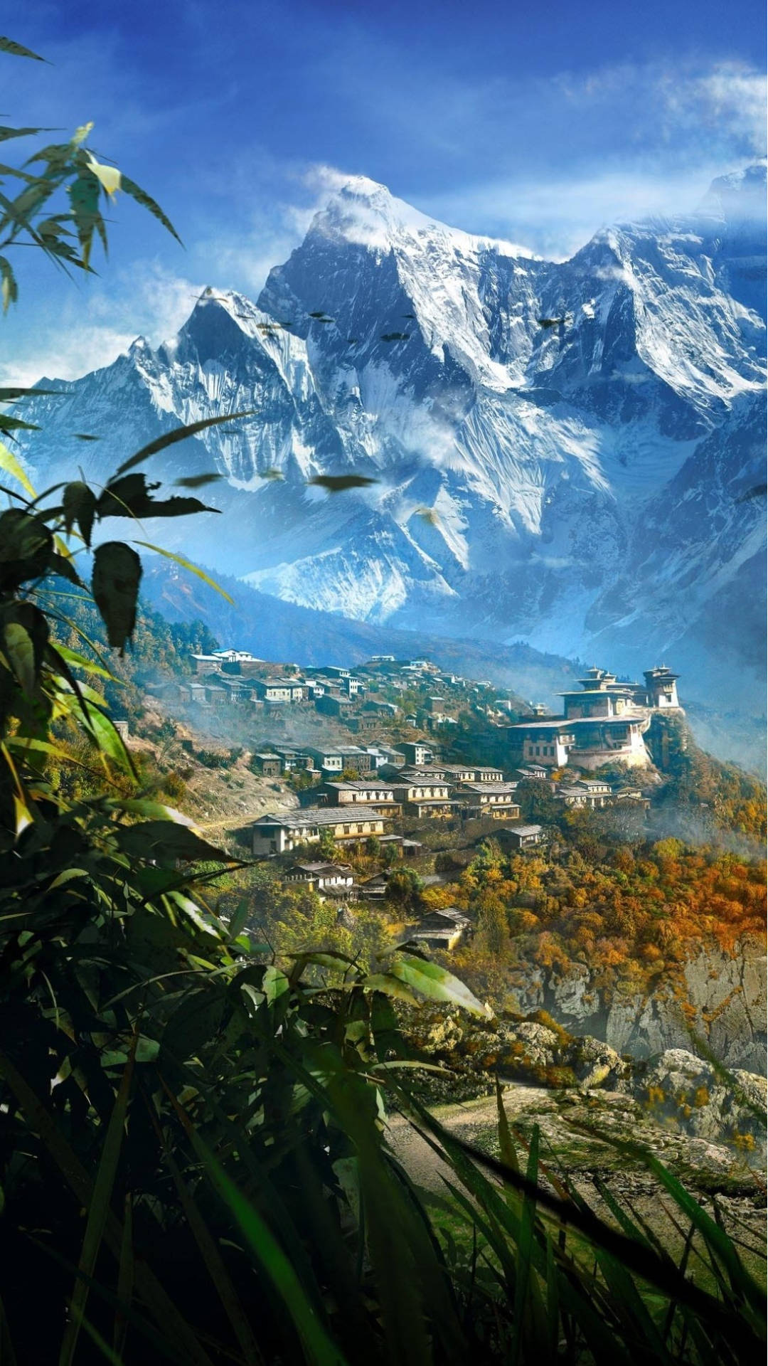 遊戲 桌布 壁紙 — 一個充滿活力的山村，坐落在秋葉之中，白雪覆蓋的山峰在清澈的藍天下高聳入雲。