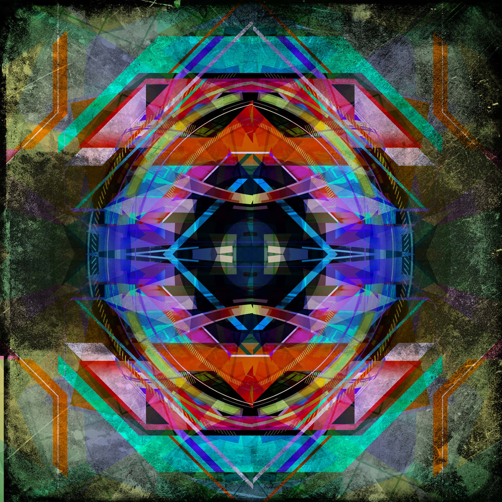 innovation 桌布 壁紙 — 一個充滿活力的幾何曼陀羅，帶有層疊的三角形和發光的霓虹色調，從黑暗的中心向帶有紋理的頹廢背景放射。