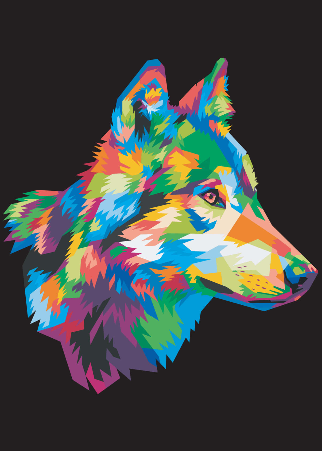 型狼 桌布 壁紙 — 一個充滿活力的幾何狼頭插圖，在黑色背景上迸發出彩虹色彩。