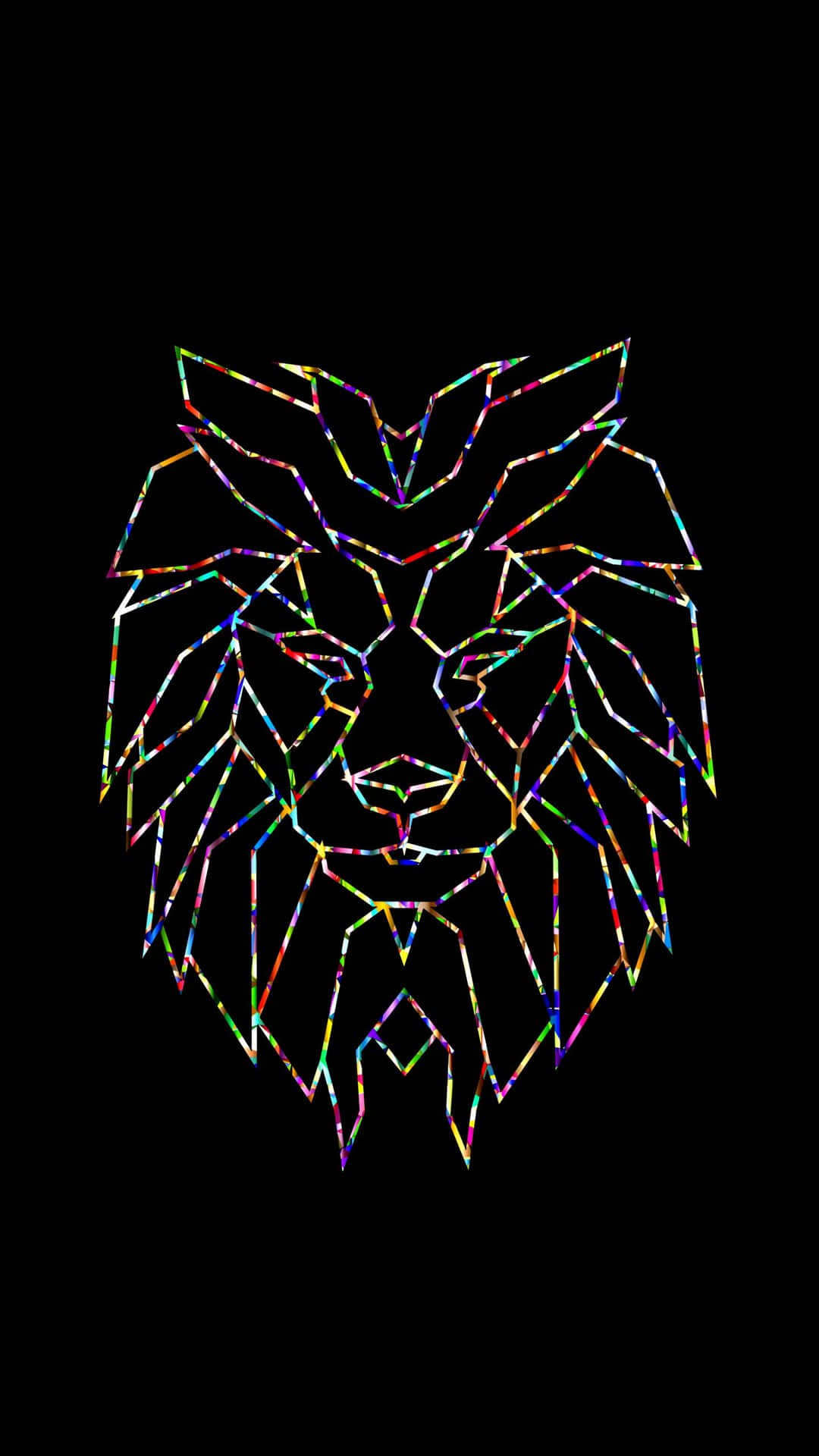 Black Lion 桌布 壁紙 — 一個充滿活力的幾何獅子頭，由多色發光線條組成，背景為黑色。