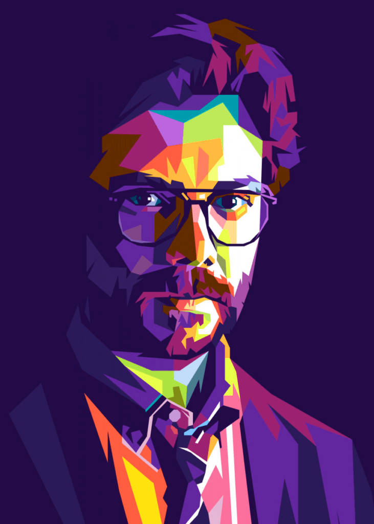 4K 桌布 壁紙 — 一個充滿活力的幾何肖像，描繪一位戴眼鏡和鬍鬚的男子，背景為深紫色。