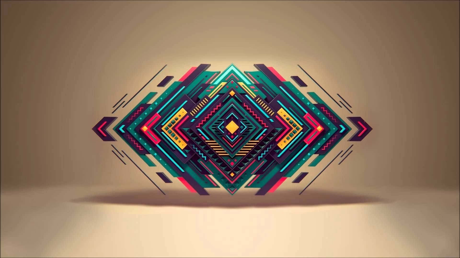 Thumbnail 桌布 壁紙 — 一個充滿活力的幾何鑽石雕塑，帶有分層霓虹圖案和發光邊緣，背景為柔和米色。