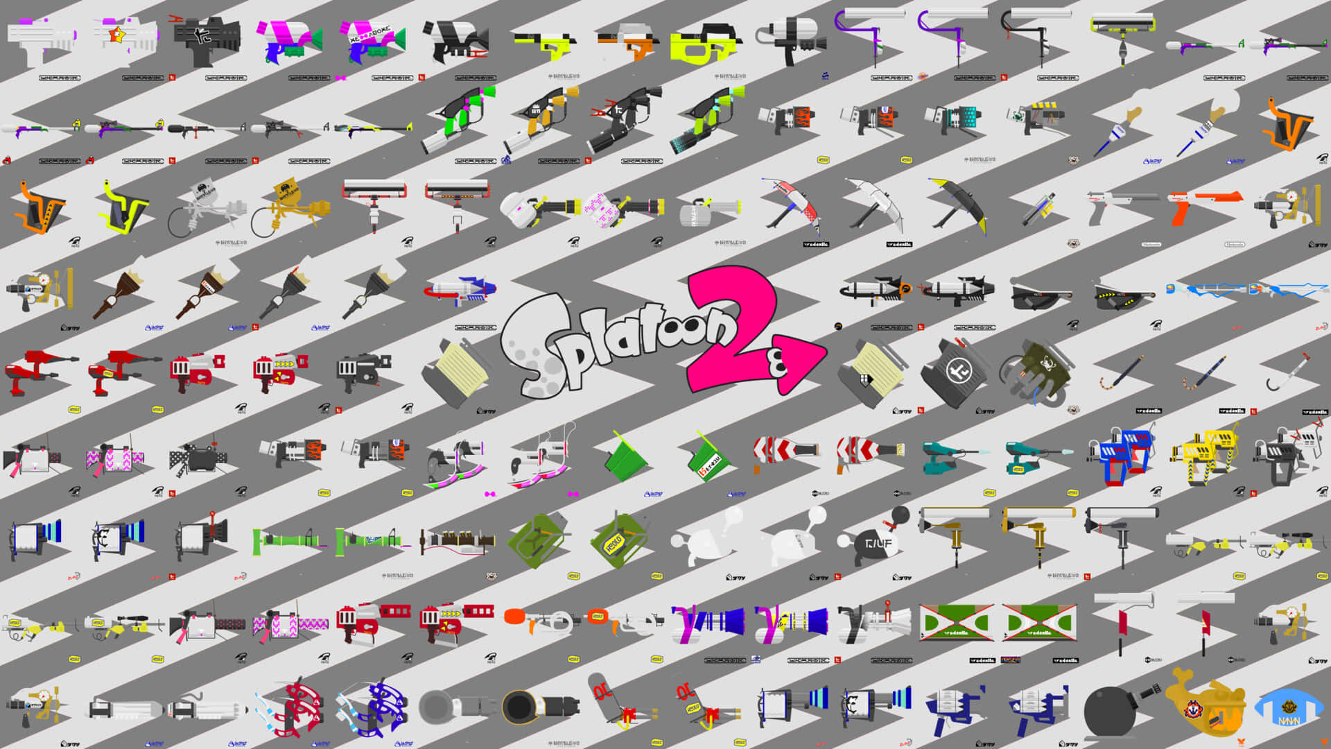 splatoon 桌布 壁紙 — 一個充滿活力的彩色Splatoon 2武器網格，顯示在灰色斜紋背景上。