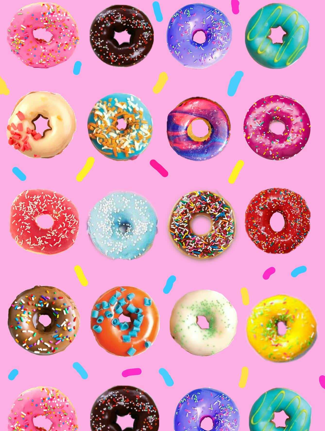 Cute Donut 桌布 壁紙 — 一個充滿活力的彩色冬甩網格，配有多種糖霜和裝飾，背景是俏皮的粉紅色。
