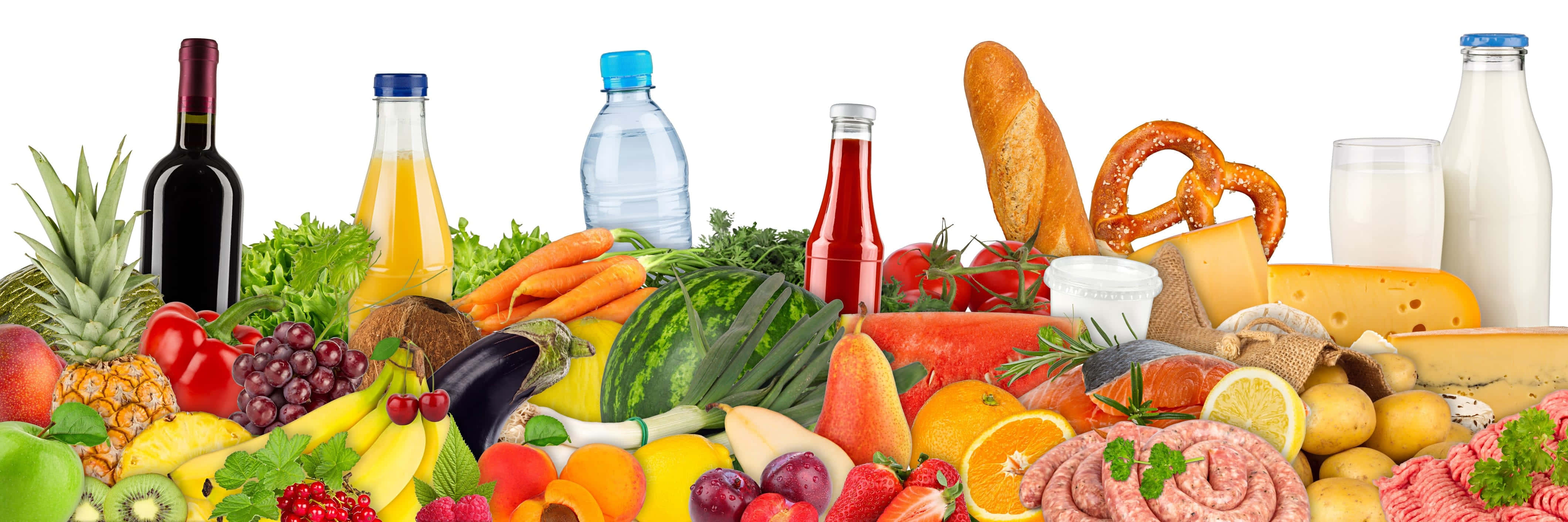 Food And Beverage 桌布 壁紙 — 一個充滿活力的彩色新鮮水果、蔬菜、乳製品、肉類和飲料組合，整齊地排列在白色背景上。