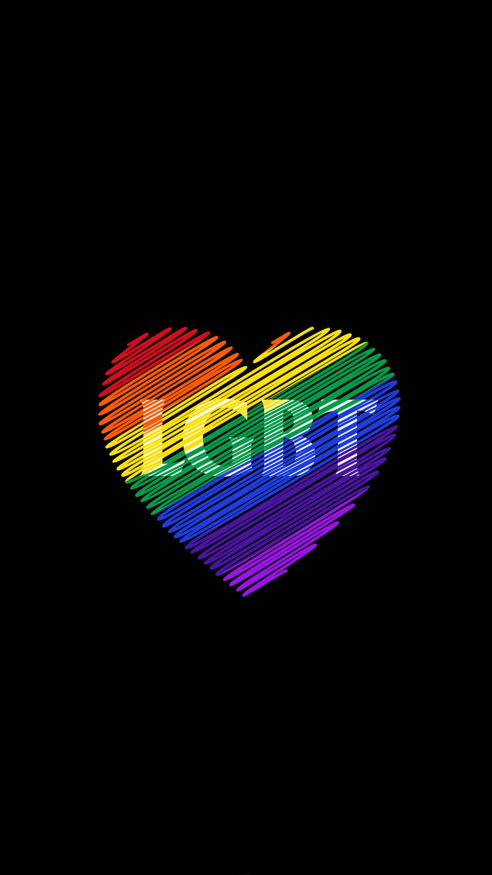 彩虹 桌布 壁紙 — 一個充滿活力的彩虹心形，帶有「LGBT」文字，在純黑背景上發光。