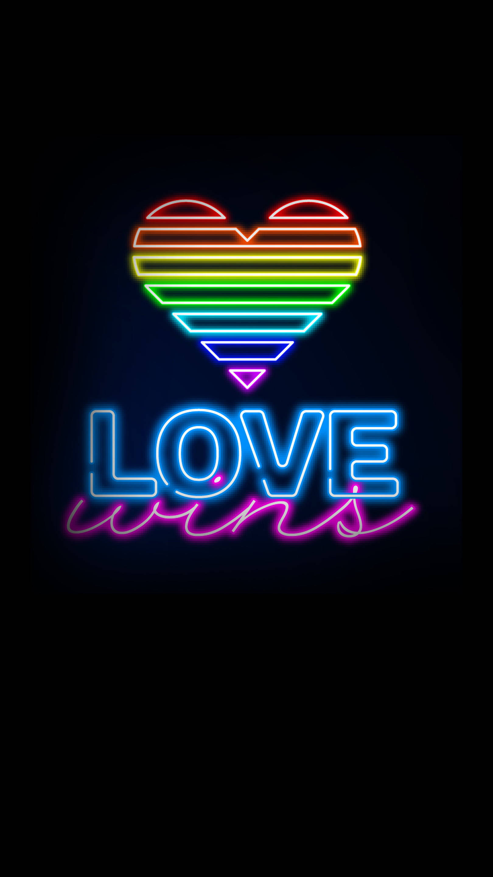 愛心 桌布 壁紙 — 一個充滿活力的彩虹心形和「LOVE wins」文字在黑暗背景上以霓虹燈發光。
