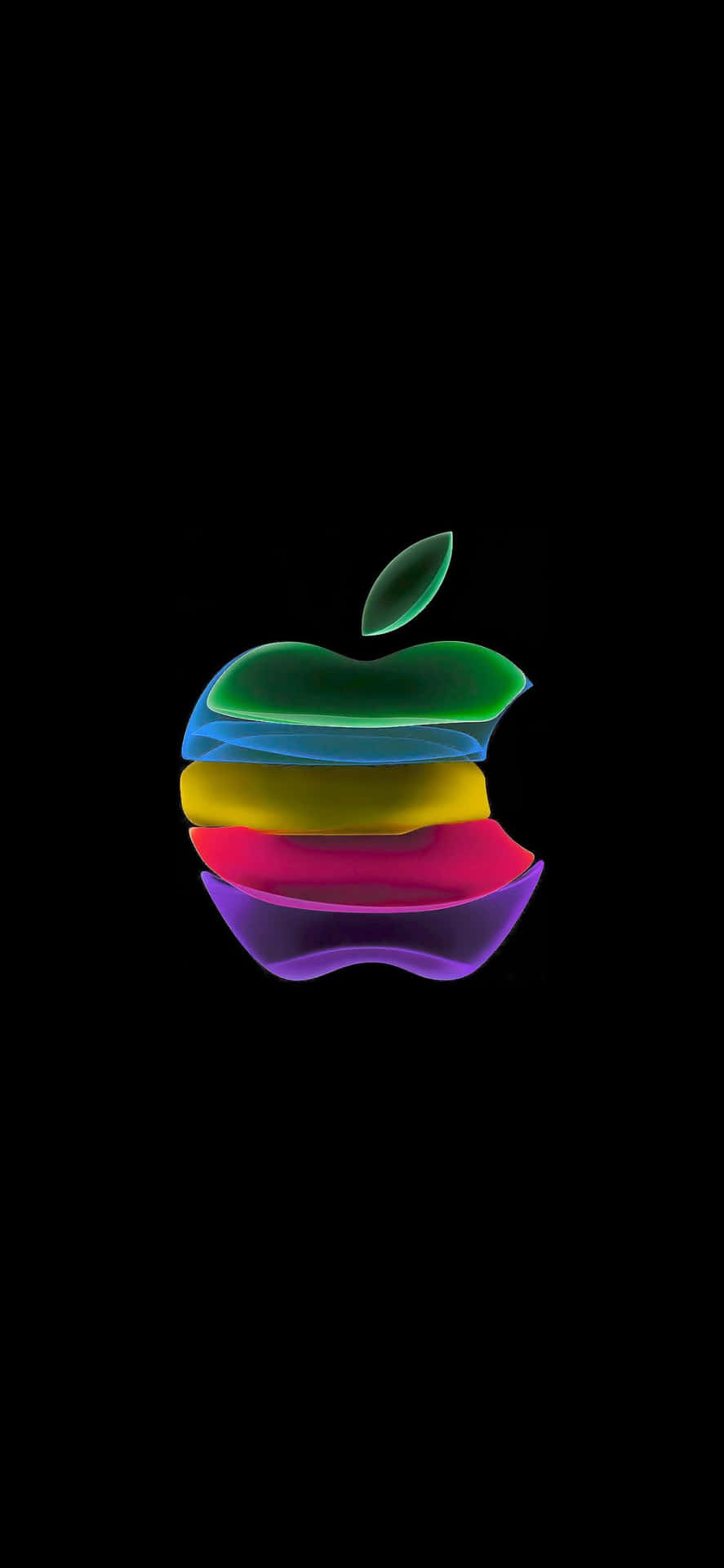 iPhone 11 Pro 桌布 壁紙 — 一個充滿活力的彩虹色Apple標誌漂浮在純黑色背景上，帶有發光的半透明層。