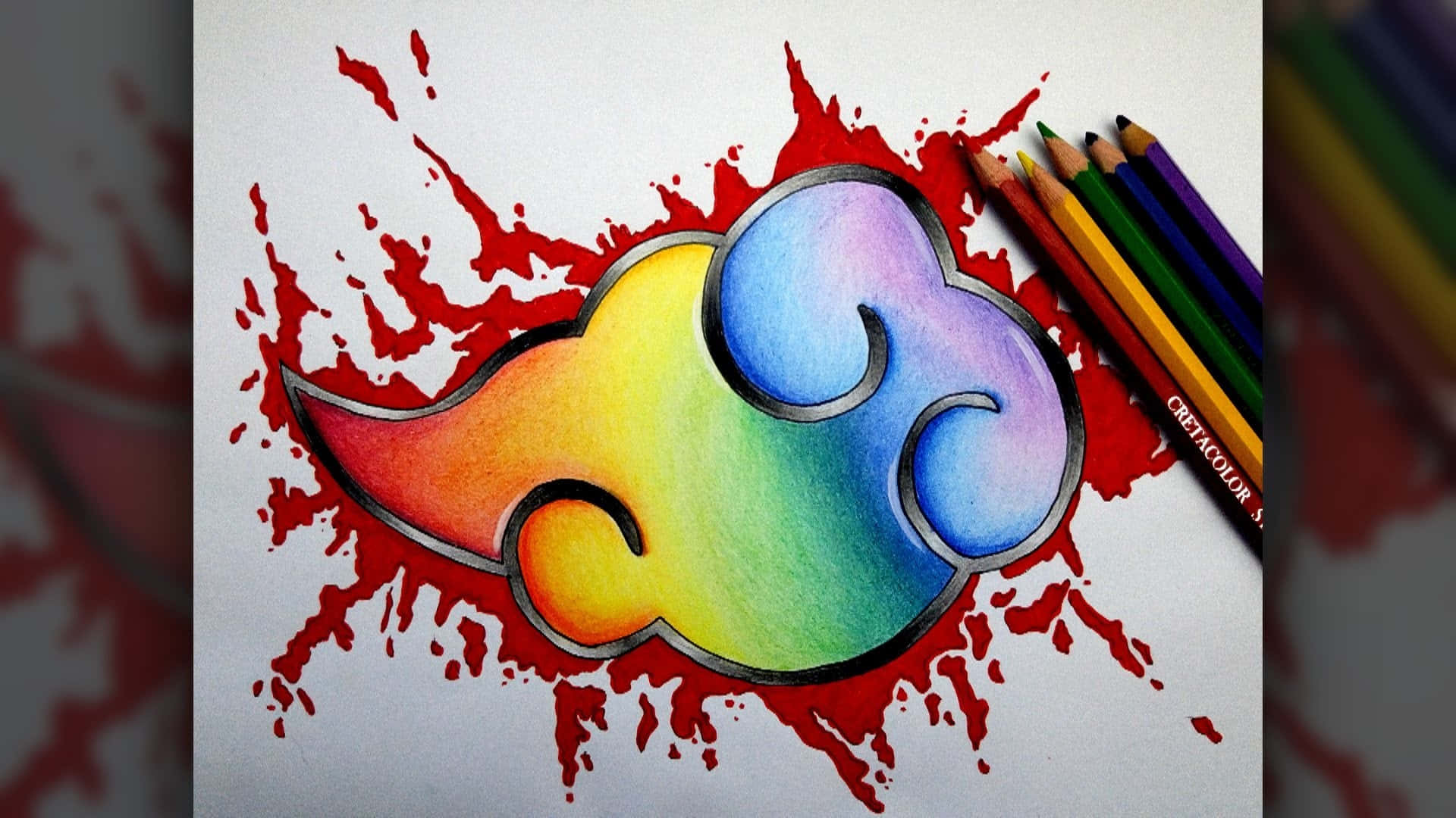 Akatsuki Drawing 桌布 壁紙 — 一個充滿活力的彩虹色雲朵符號，帶有紅色飛濺背景和旁邊的彩色鉛筆。
