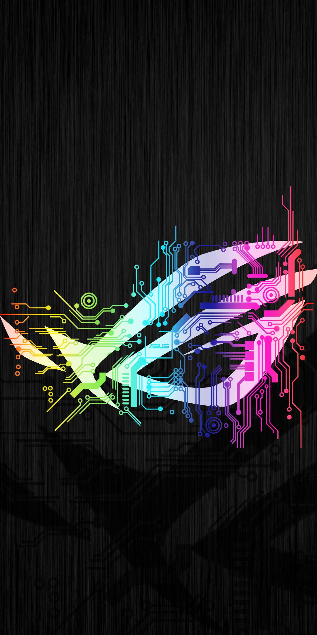 ASUS ROG 桌布 壁紙 — 一個充滿活力的彩虹電路板設計在深色紋理背景上形成一個發光的ROG標誌。