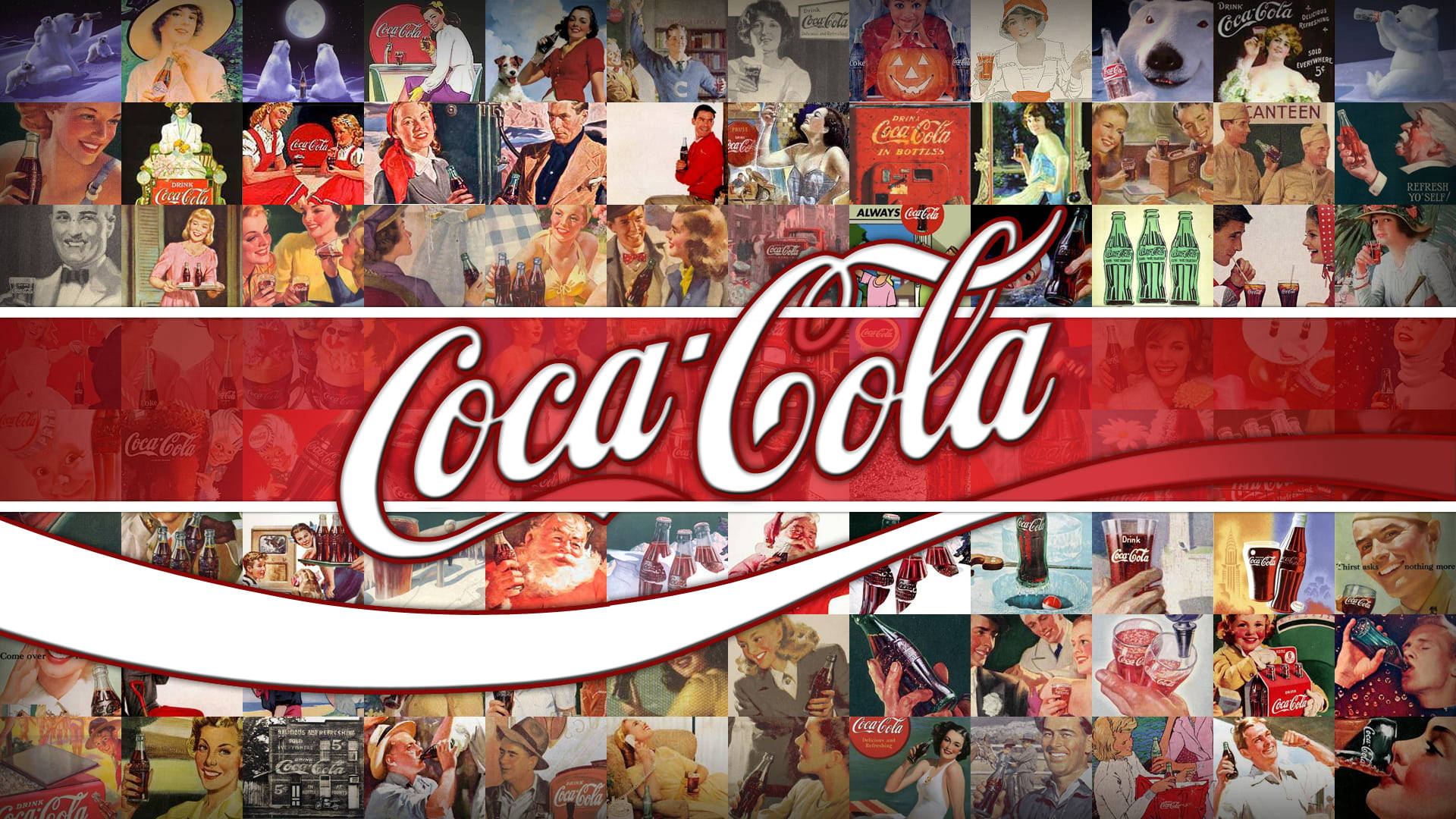 Coke 桌布 壁紙 — 一個充滿活力的復古可口可樂廣告拼貼，展示數十年來微笑的人們享受飲料。