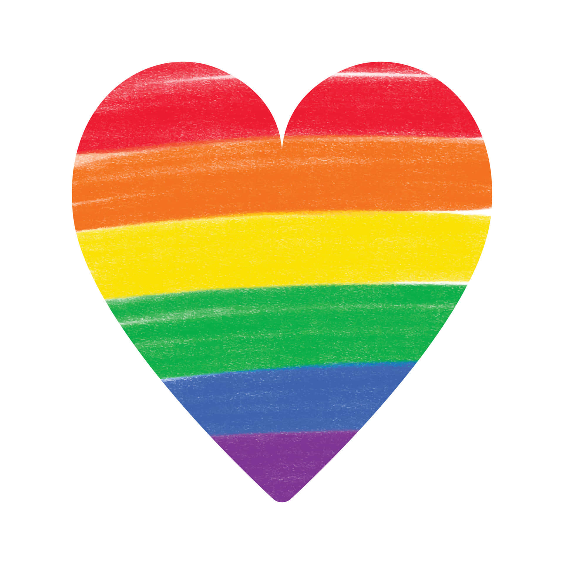 Rainbow Heart 桌布 壁紙 — 一個充滿活力的心形，以彩虹條紋繪製，採用紋理蠟筆風格，背景為純白色。