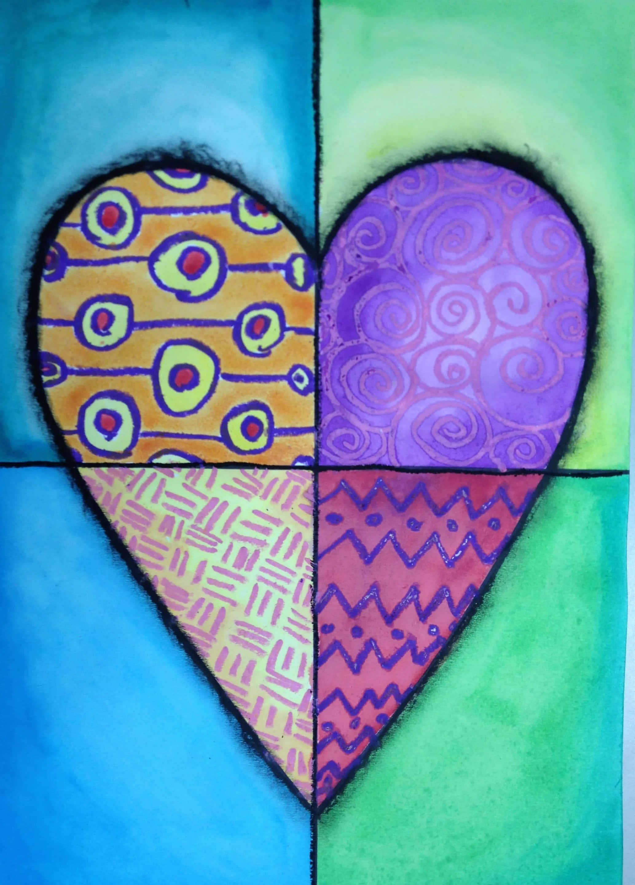 Heart Art 桌布 壁紙 — 一個充滿活力的心形，分為四個象限，每個象限都有獨特的圖案和顏色，背景為藍色和綠色。
