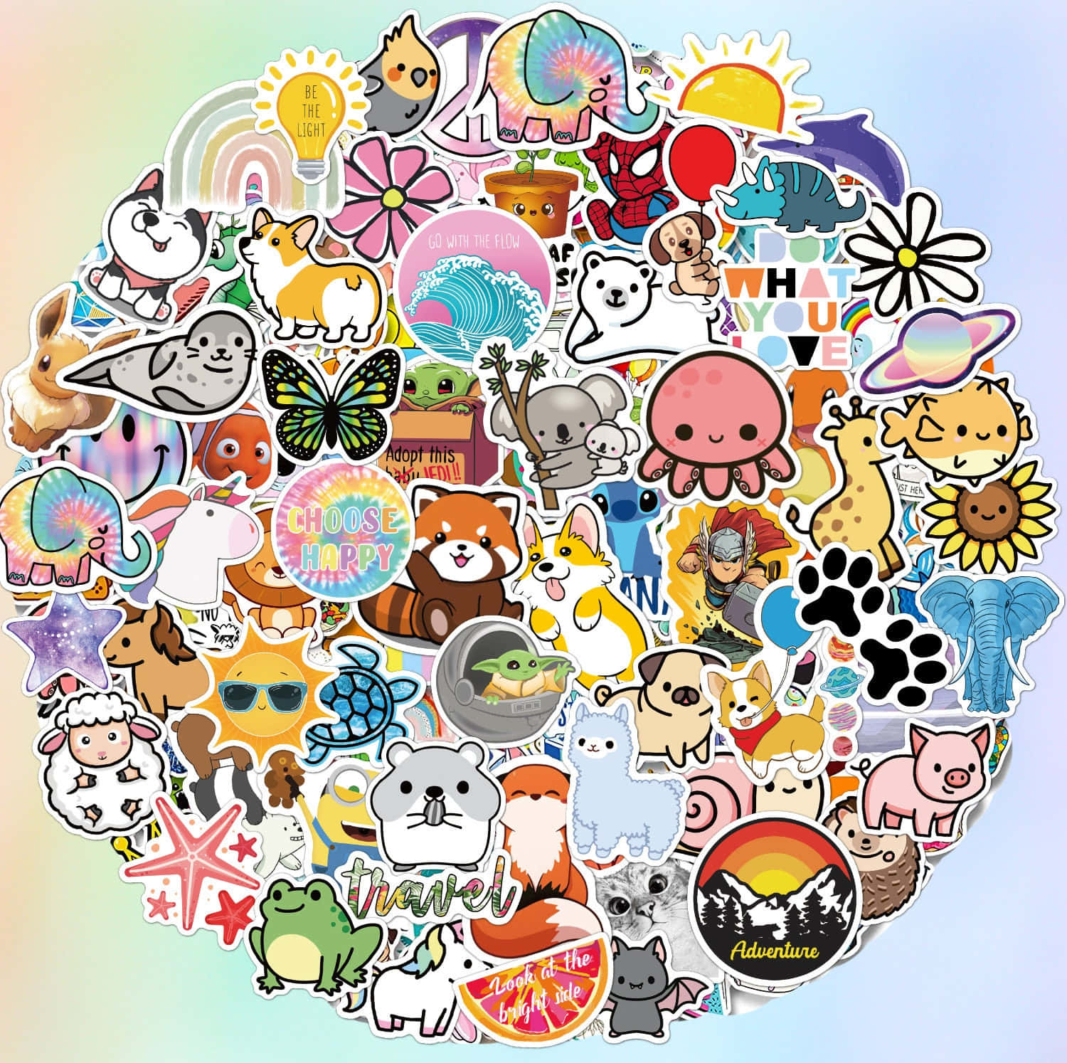 Pokemon Stickers 桌布 壁紙 — 一個充滿活力的心形拼貼畫，由色彩繽紛的卡通貼紙組成，包含動物、角色和勵志短語，背景為柔和的漸變色。