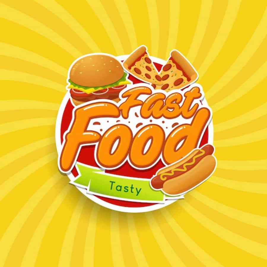 Logo 桌布 壁紙 — 一個充滿活力的快餐標誌，包含漢堡、薄餅、熱狗和「Tasty」字樣，背景為黃色太陽爆發圖案。