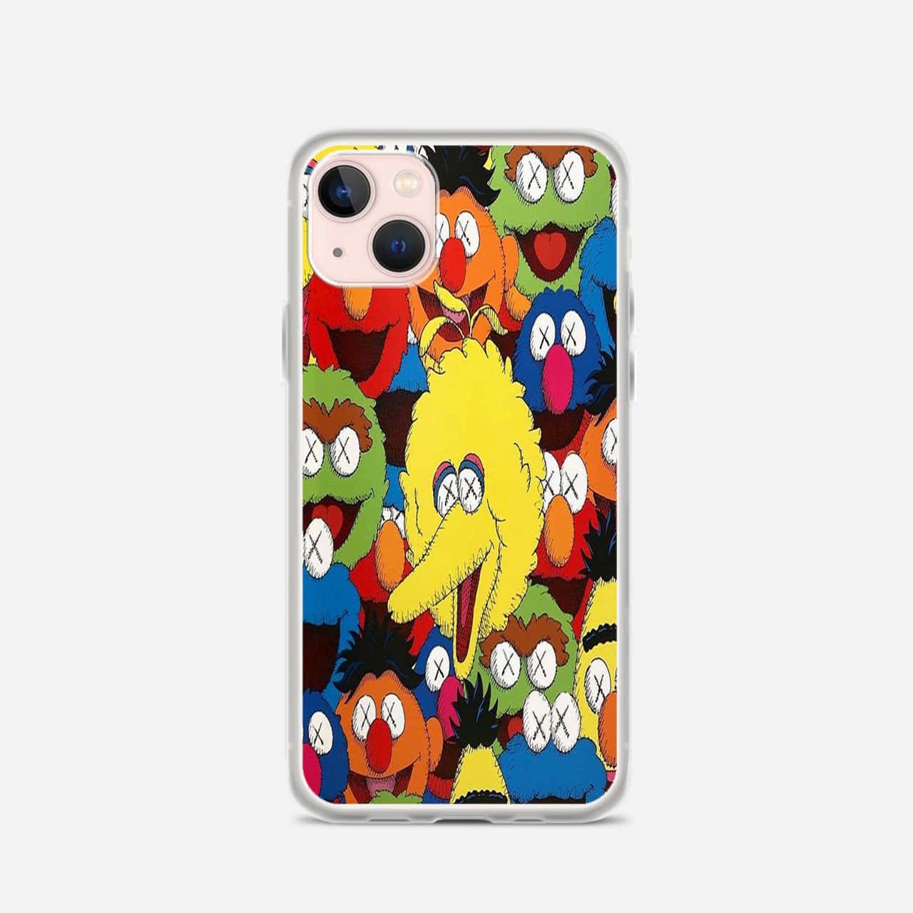 Kaws Sesame Street 桌布 壁紙 — 一個充滿活力的手機殼，上面有密集拼貼的彩色芝麻街角色，眼睛被打上交叉。