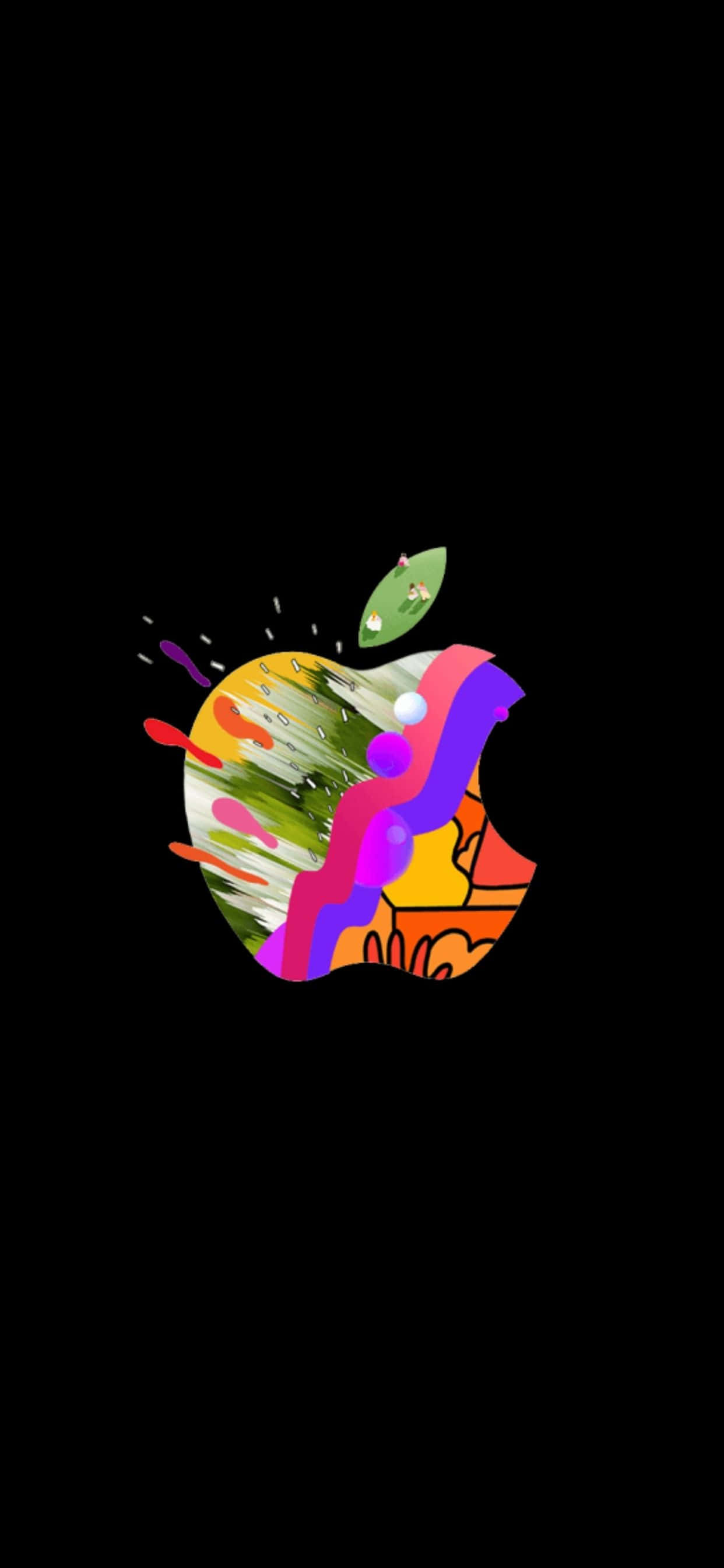 iPhone Xs Max 桌布 壁紙 — 一個充滿活力的抽象Apple標誌，帶有彩色油漆飛濺和一片綠葉，背景為黑色。