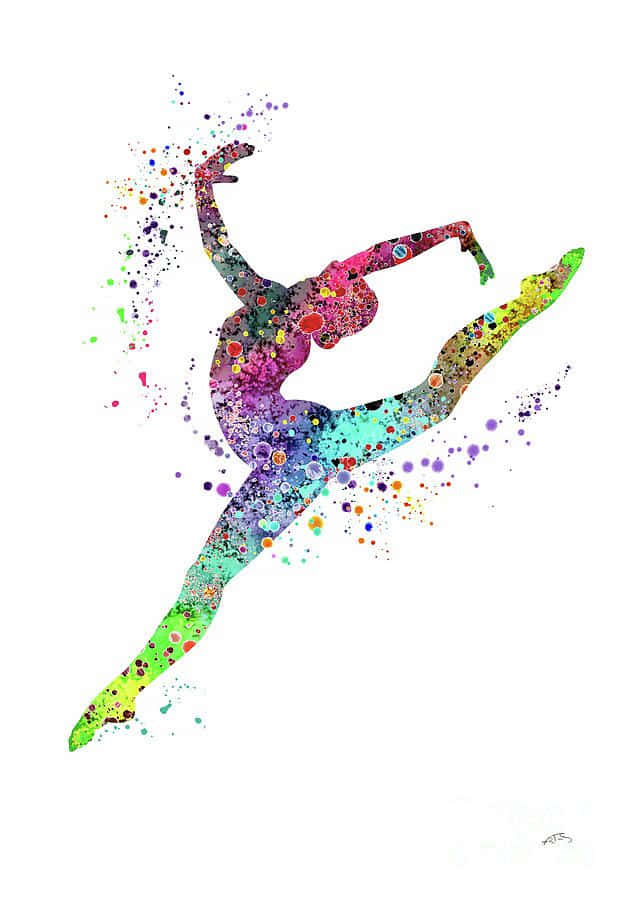 Gymnastics 桌布 壁紙 — 一個充滿活力的抽象剪影，描繪一位舞者正在跳躍，她的身形散發出色彩繽紛的油漆飛濺。
