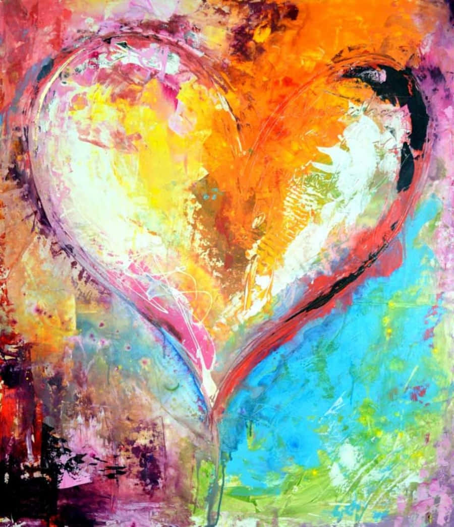 Heart Art 桌布 壁紙 — 一個充滿活力的抽象心形，以橙色、黃色、粉紅色和藍色的粗獷筆觸繪製在紋理背景上。