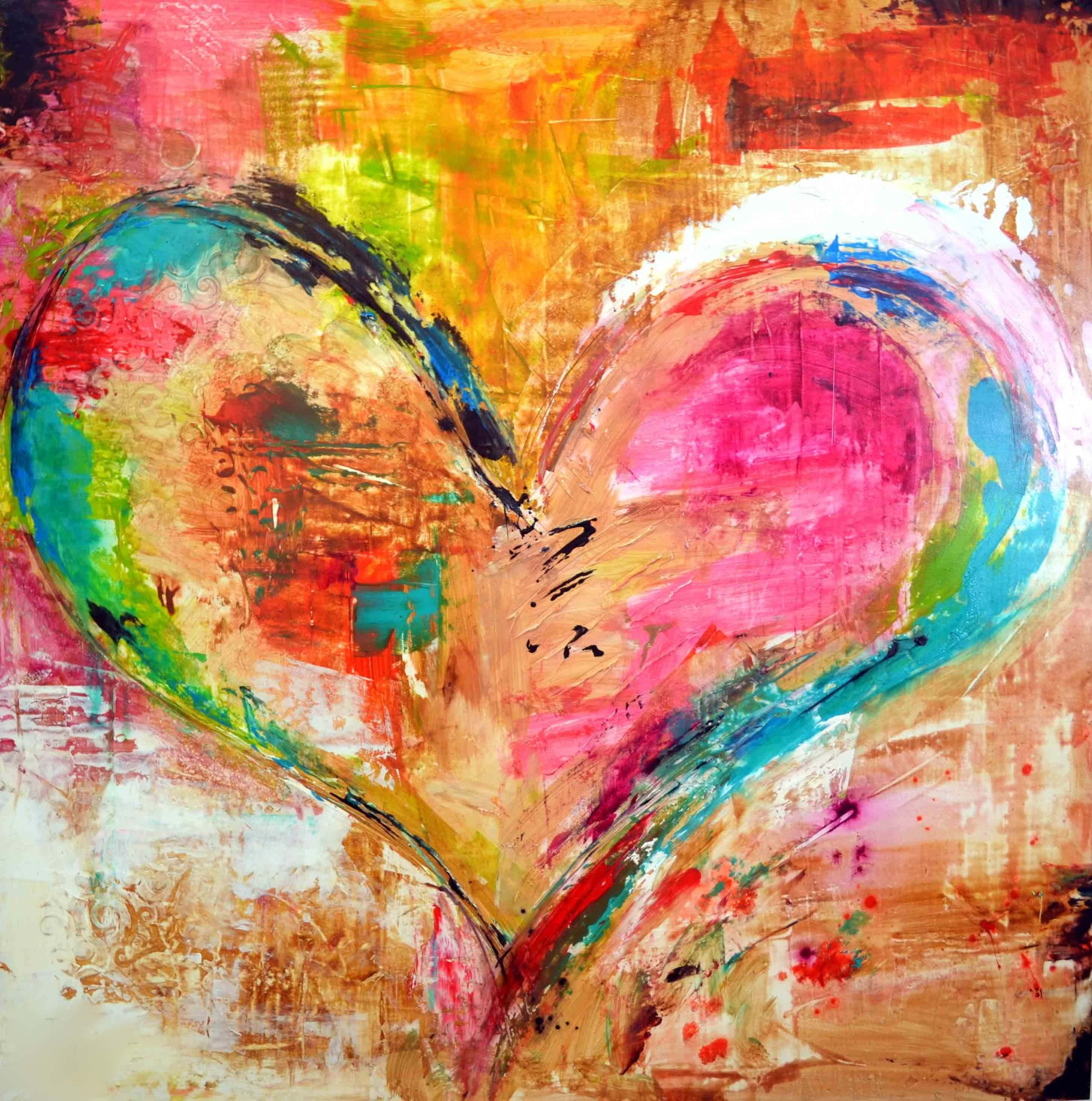Heart Art 桌布 壁紙 — 一個充滿活力的抽象心形，以粗獷的筆觸和粉紅、綠色、藍色和橙色的潑濺繪製在紋理背景上。