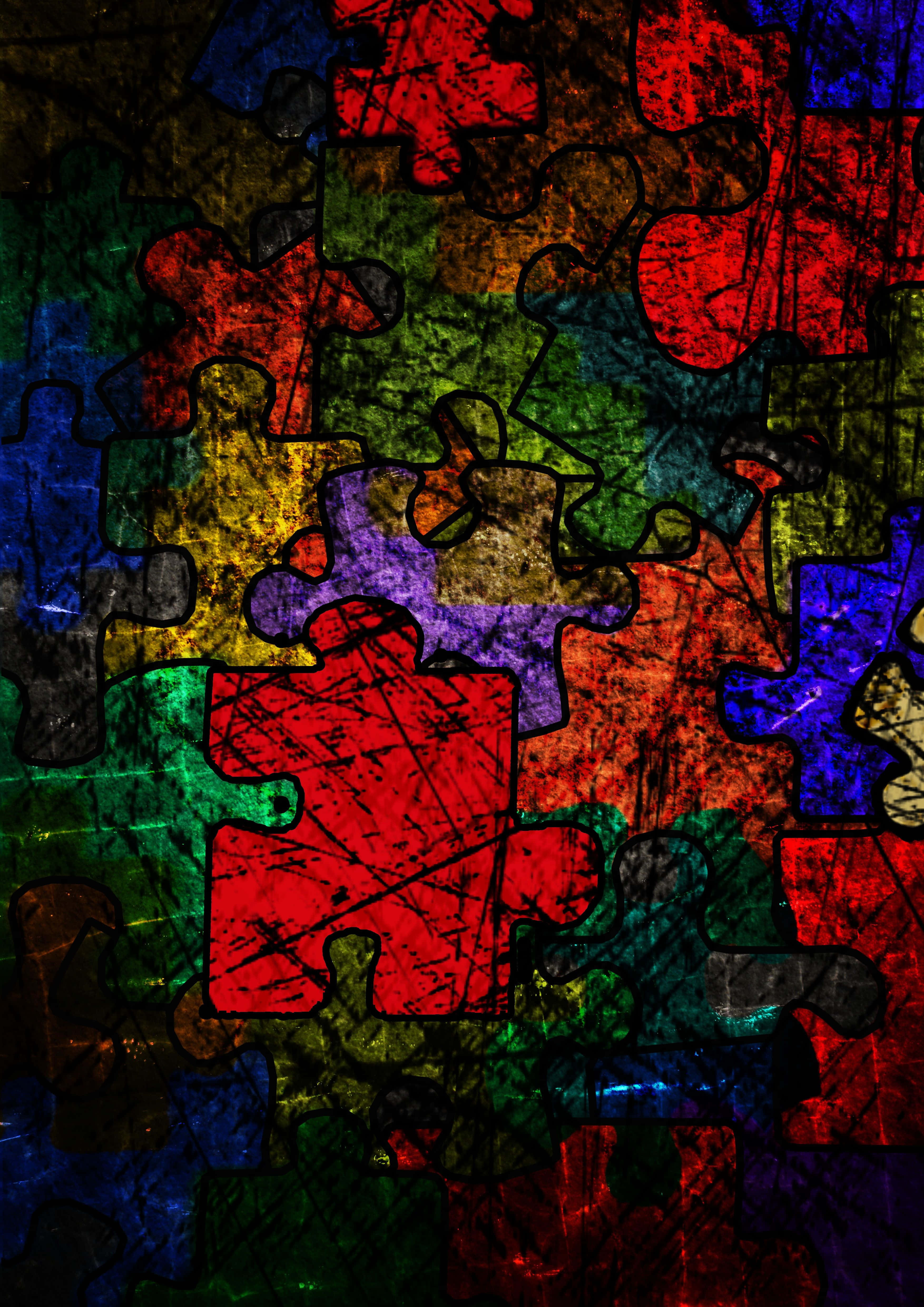 Psychedelic Grunge 桌布 壁紙 — 一個充滿活力的抽象拼圖，帶有紅色、綠色、藍色、黃色和紫色的彩色刮痕碎片。