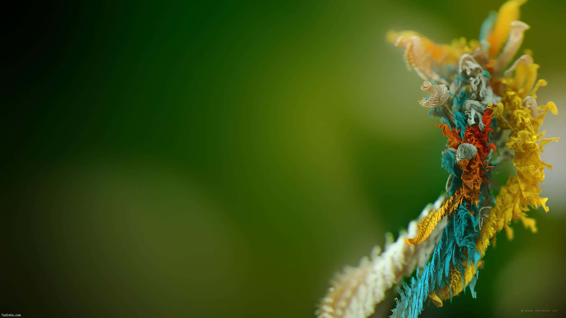 Soothing 桌布 壁紙 — 一個充滿活力的抽象流蘇，由黃色、藍色和橙色線條組成，背景是柔和的綠色模糊效果。