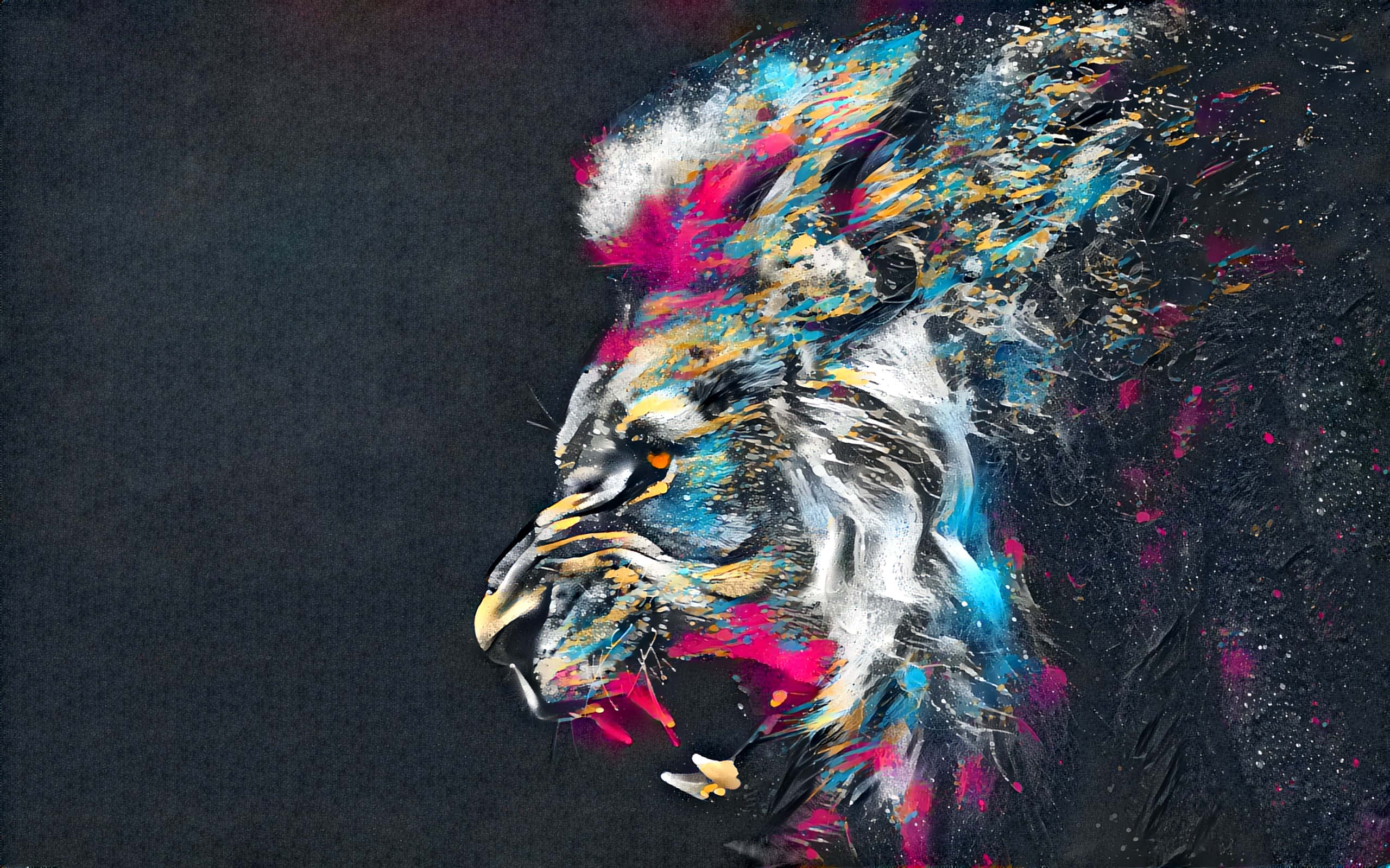 Psychedelic Animals 桌布 壁紙 — 一個充滿活力的抽象獅子頭，在深色紋理背景上以粉紅色、藍色和金色的潑濺繪製而成。