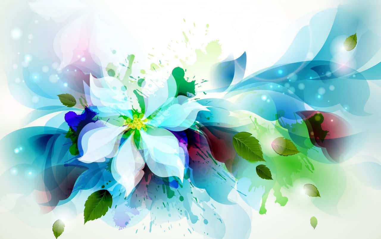 Flower Art 桌布 壁紙 — 一個充滿活力的抽象花卉設計，中心有一朵白色花朵，周圍環繞著旋轉的藍色、綠色和紫色油漆飛濺以及漂浮的葉子。