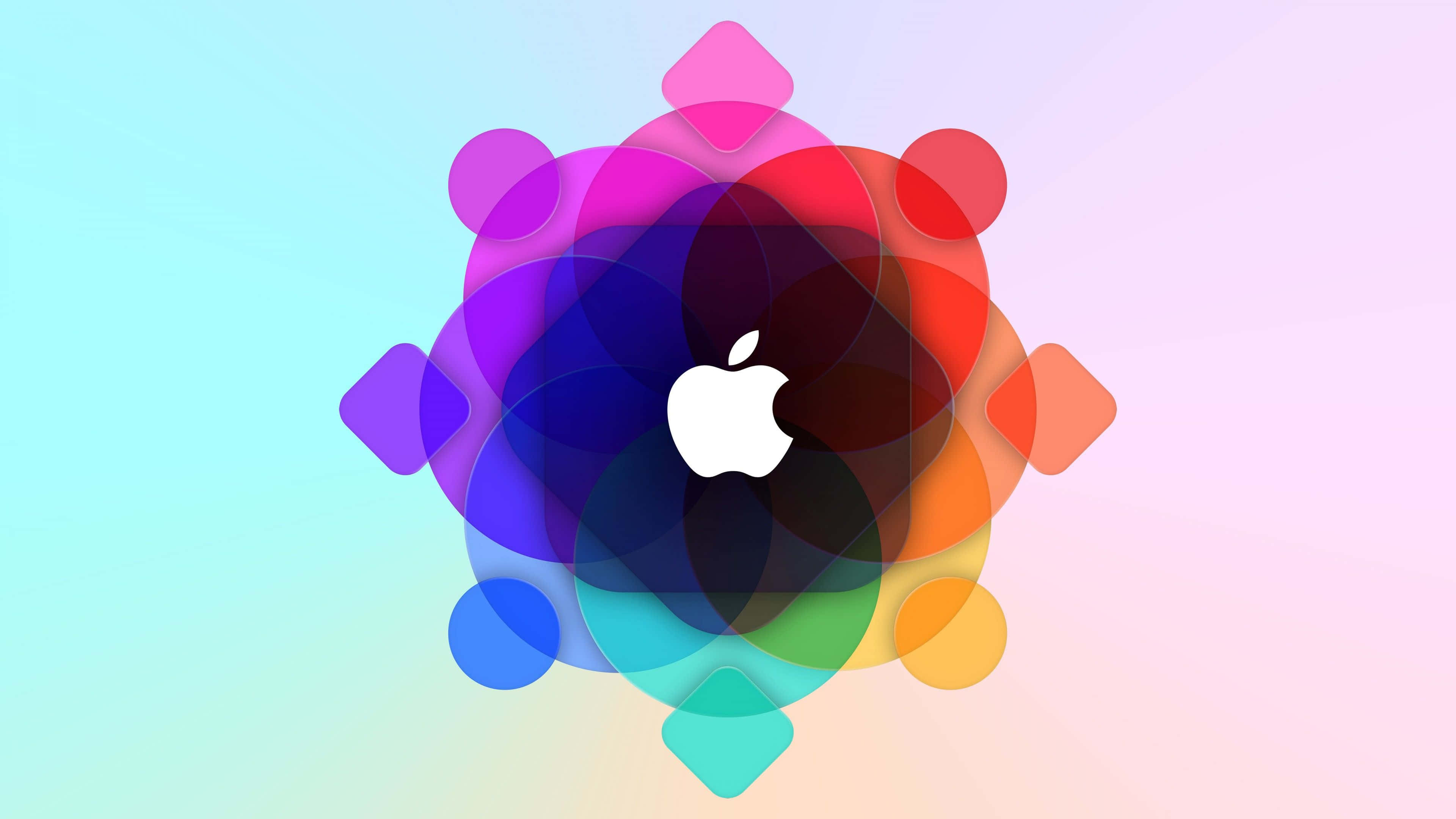 4K Apple 桌布 壁紙 — 一個充滿活力的抽象設計，以重疊的彩色圓圈和幾何形狀圍繞著白色Apple標誌。