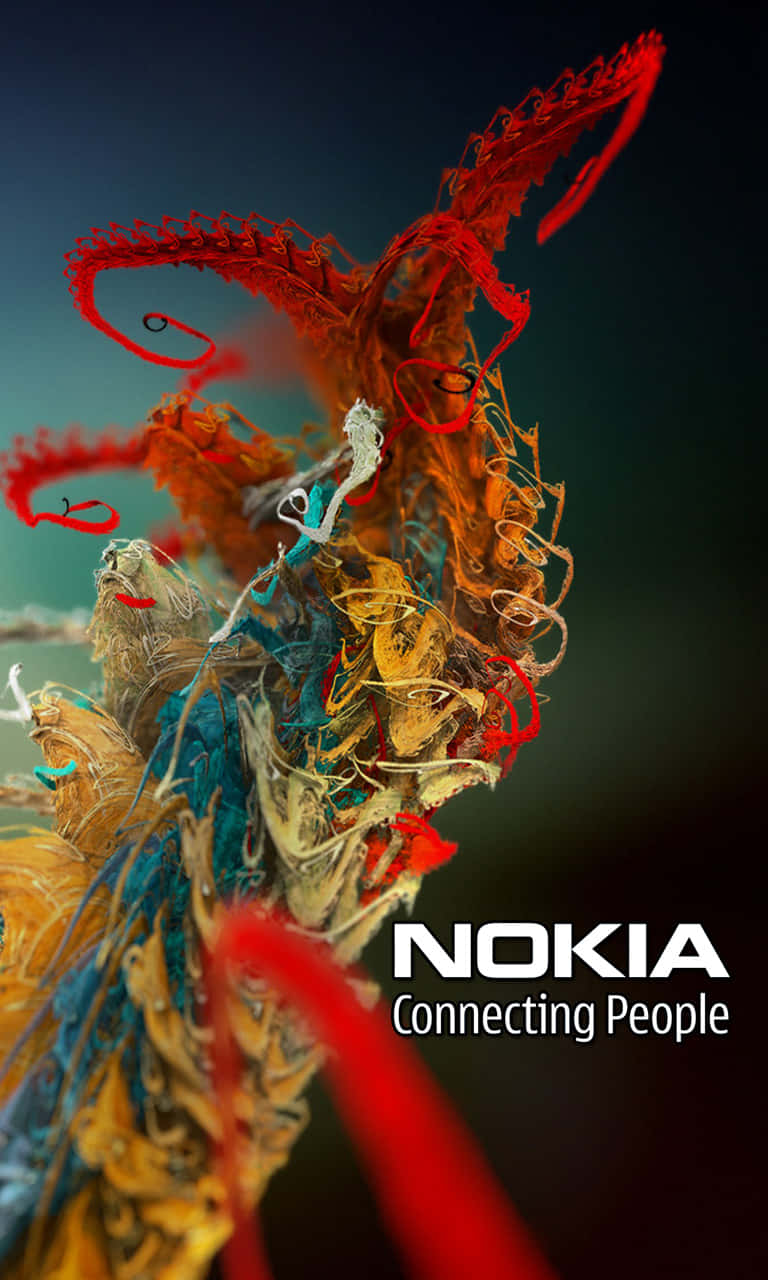 Nokia 桌布 壁紙 — 一個充滿活力的抽象雕塑，由紅色、橙色和藍色線條交織而成，背景為深色漸變，帶有 Nokia 品牌標誌。