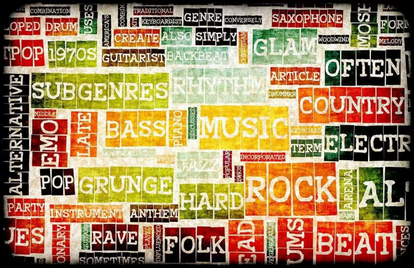 Music Genres 桌布 壁紙 — 一個充滿活力的拼貼畫，包含多種字體和顏色的音樂類型詞彙，排列在帶有紋理的復古風格網格中。