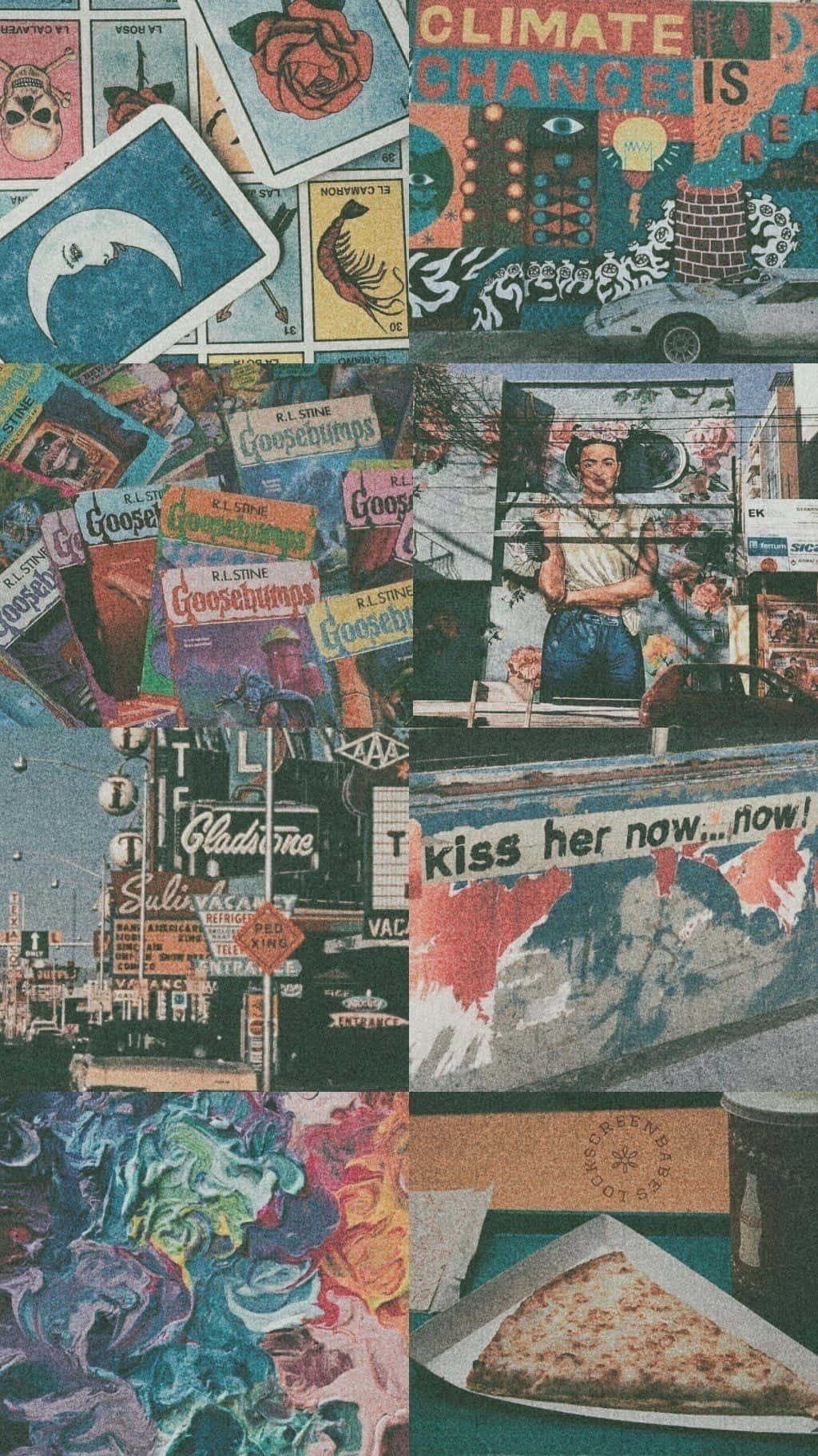 Psychedelic 70s Aesthetic 桌布 壁紙 — 一個充滿活力的拼貼畫，包含復古海報、街頭藝術和超現實圖像，包括月亮、汽車和一片薄餅。