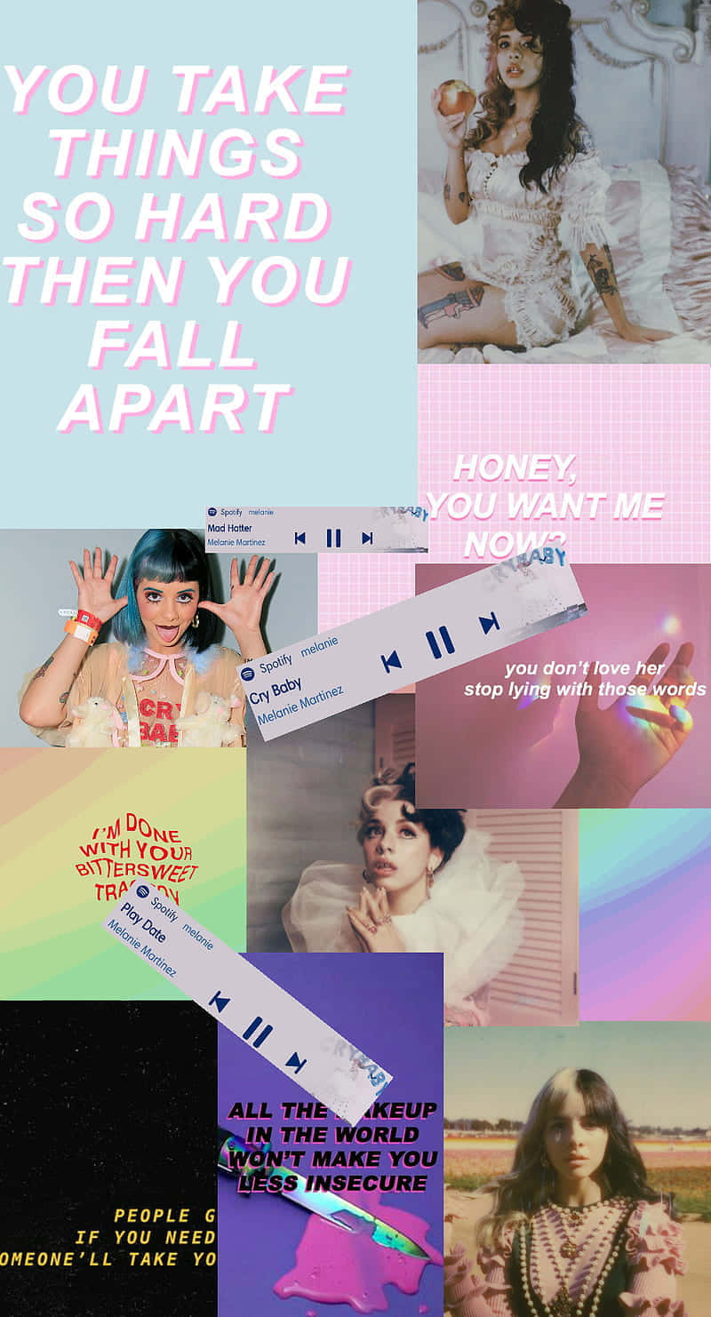 Melanie Martinez 桌布 壁紙 — 一個充滿活力的拼貼畫，包含流行音樂歌詞和風格化的女性肖像，搭配粉彩背景和Spotify界面疊加。