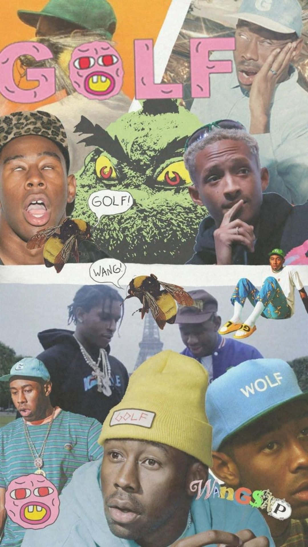 tyler the creator 桌布 壁紙 — 一個充滿活力的拼貼畫，包含饒舌歌手 Ty Dolla $ign 和卡通角色如聖誕怪傑 Grinch 和蜜蜂，並帶有 'GOLF' 和 'WANG' 文字疊加。