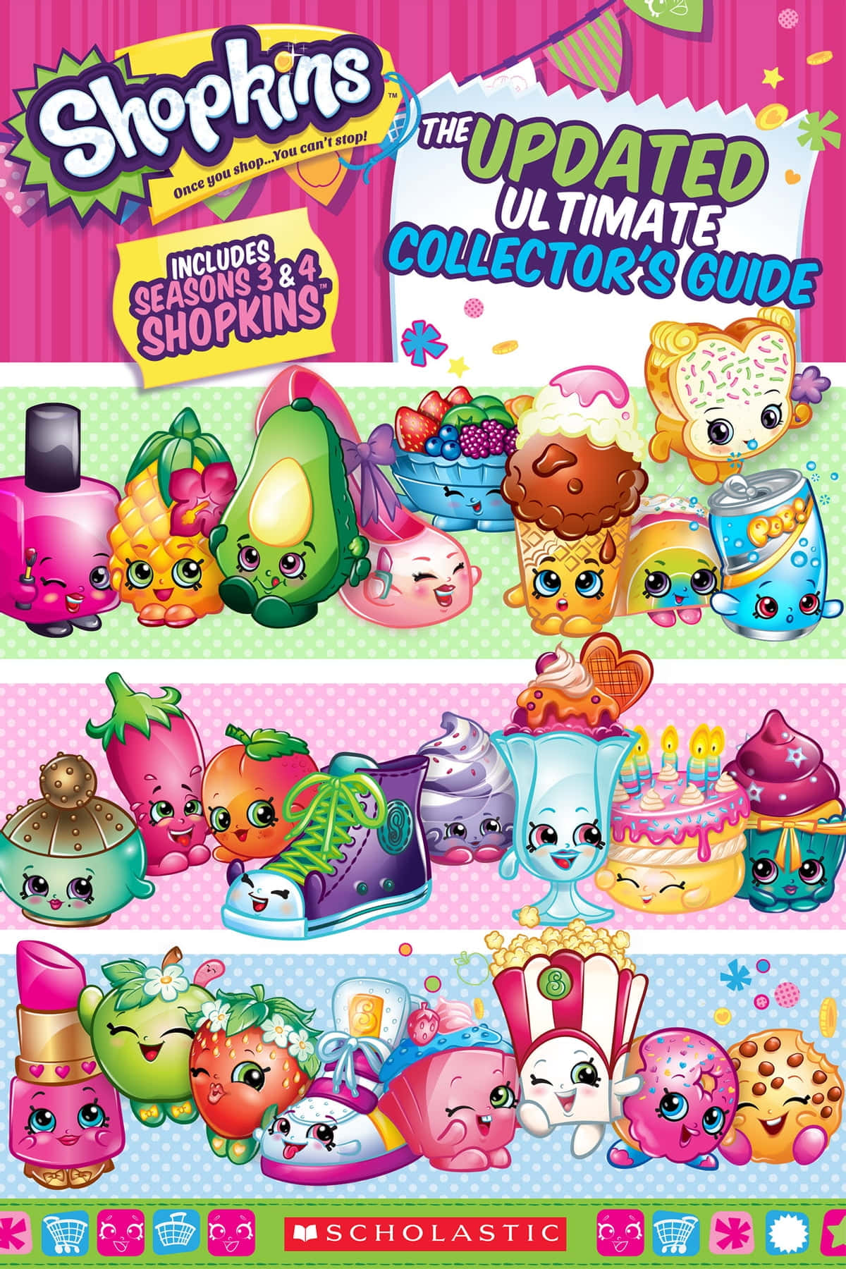 Shopkins 桌布 壁紙 — 一個充滿活力的拼貼畫，展示Shopkins角色如牛油果唇膏和蛋糕杯子蛋糕，在圖案背景前以彩色行列微笑。